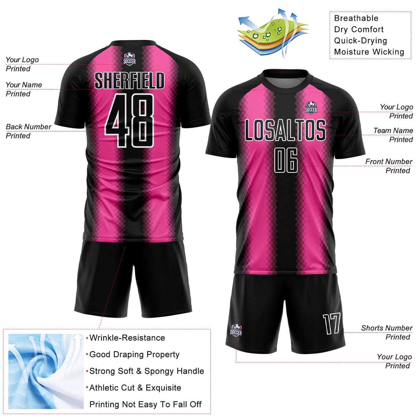 Custom Black Pink-White Zigzag Diamond Stripe Sports Sublimation Soccer Uniform Jersey view 4