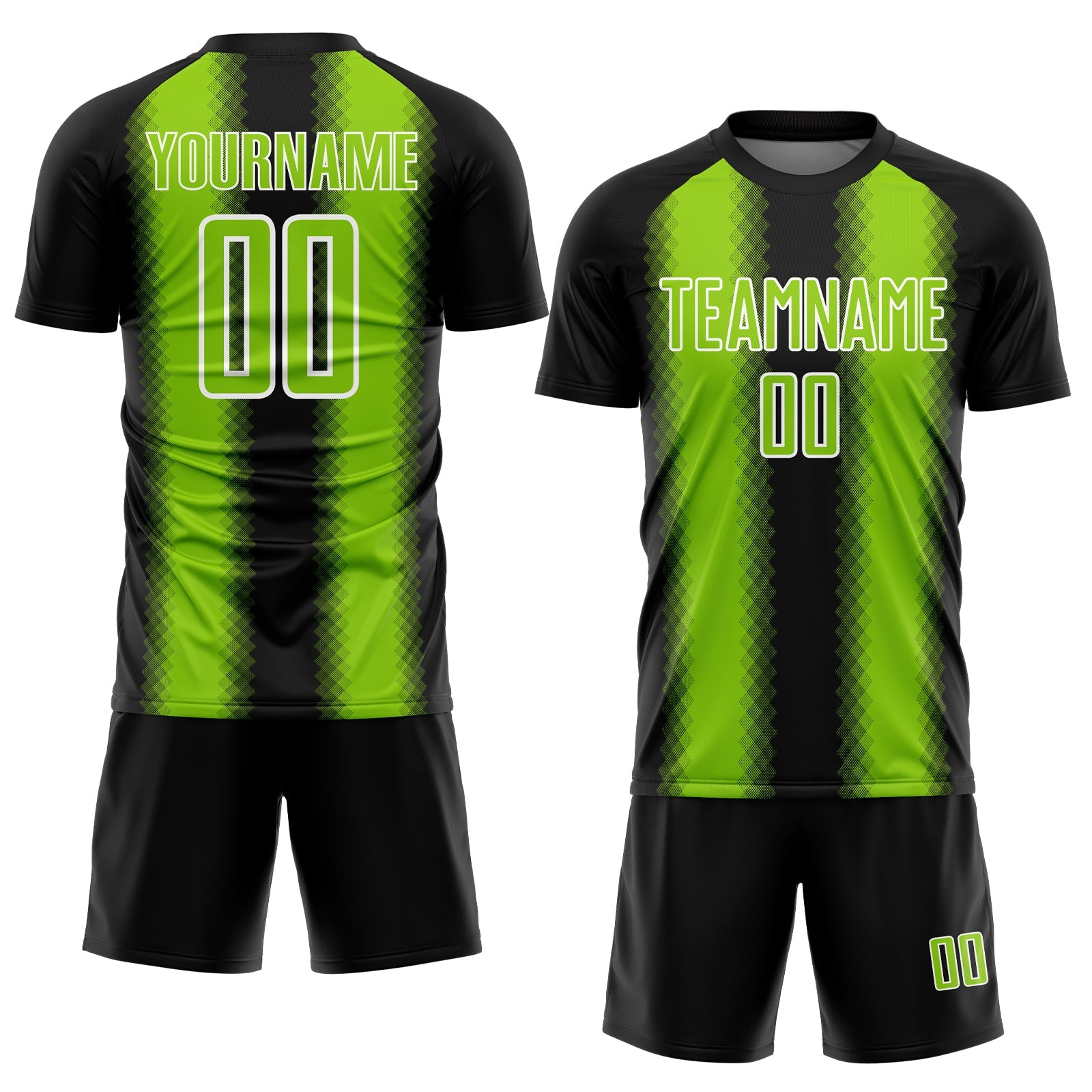 Custom Black Neon Green-White Zigzag Diamond Stripe Sports Sublimation Soccer Uniform Jersey view 2