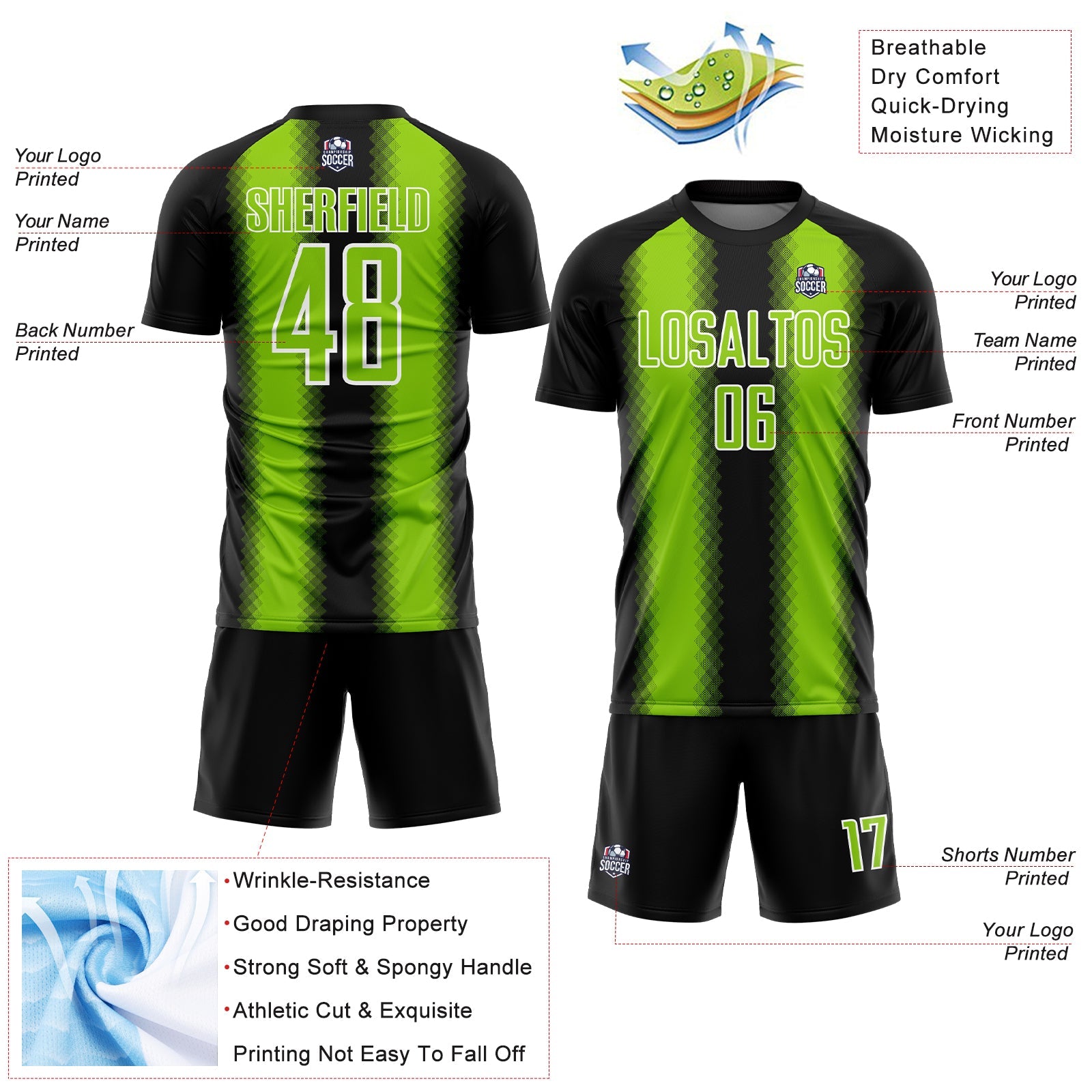 Custom Black Neon Green-White Zigzag Diamond Stripe Sports Sublimation Soccer Uniform Jersey view 4