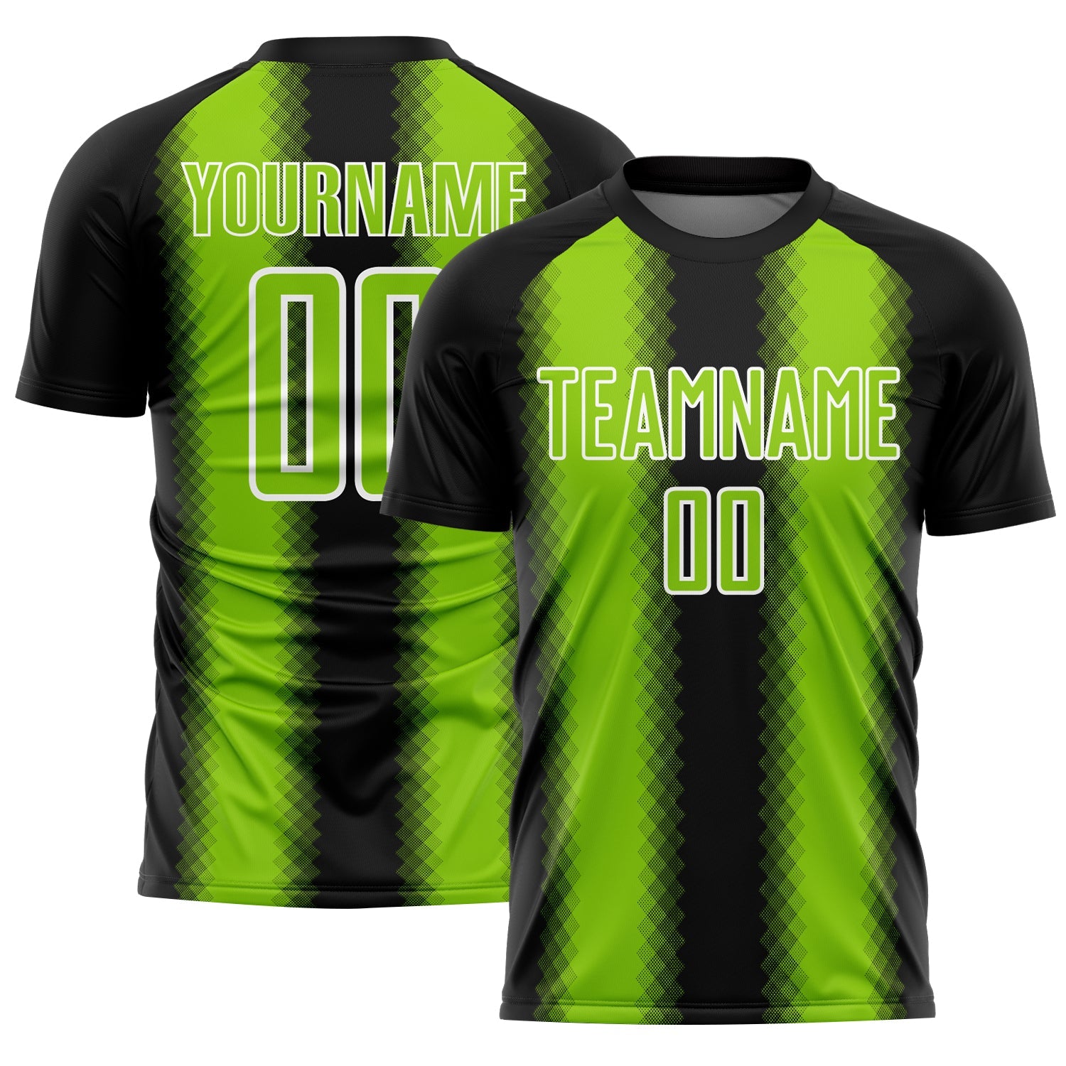 Custom Black Neon Green-White Zigzag Diamond Stripe Sports Sublimation Soccer Uniform Jersey - Main View