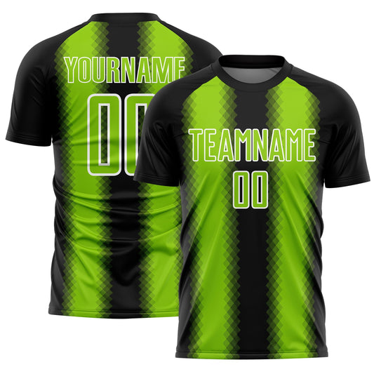 Custom Black Neon Green-White Zigzag Diamond Stripe Sports Sublimation Soccer Uniform Jersey - Main View