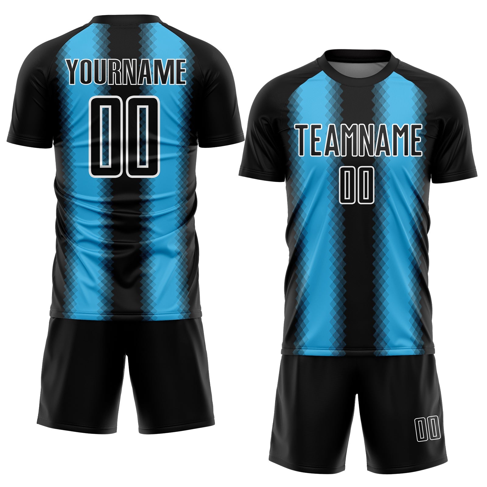 Custom Black Sky Blue-White Zigzag Diamond Stripe Sports Sublimation Soccer Uniform Jersey view 2