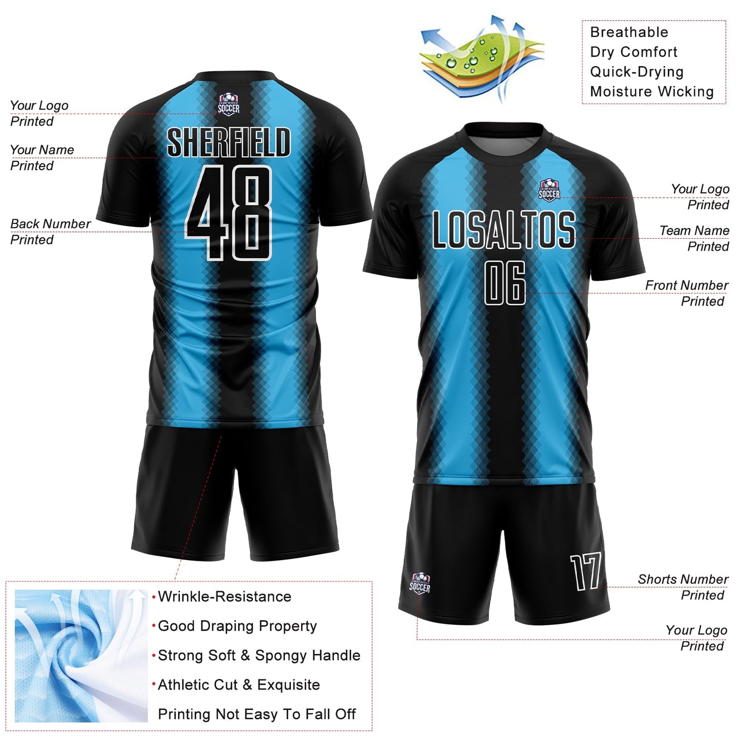 Custom Black Sky Blue-White Zigzag Diamond Stripe Sports Sublimation Soccer Uniform Jersey view 4
