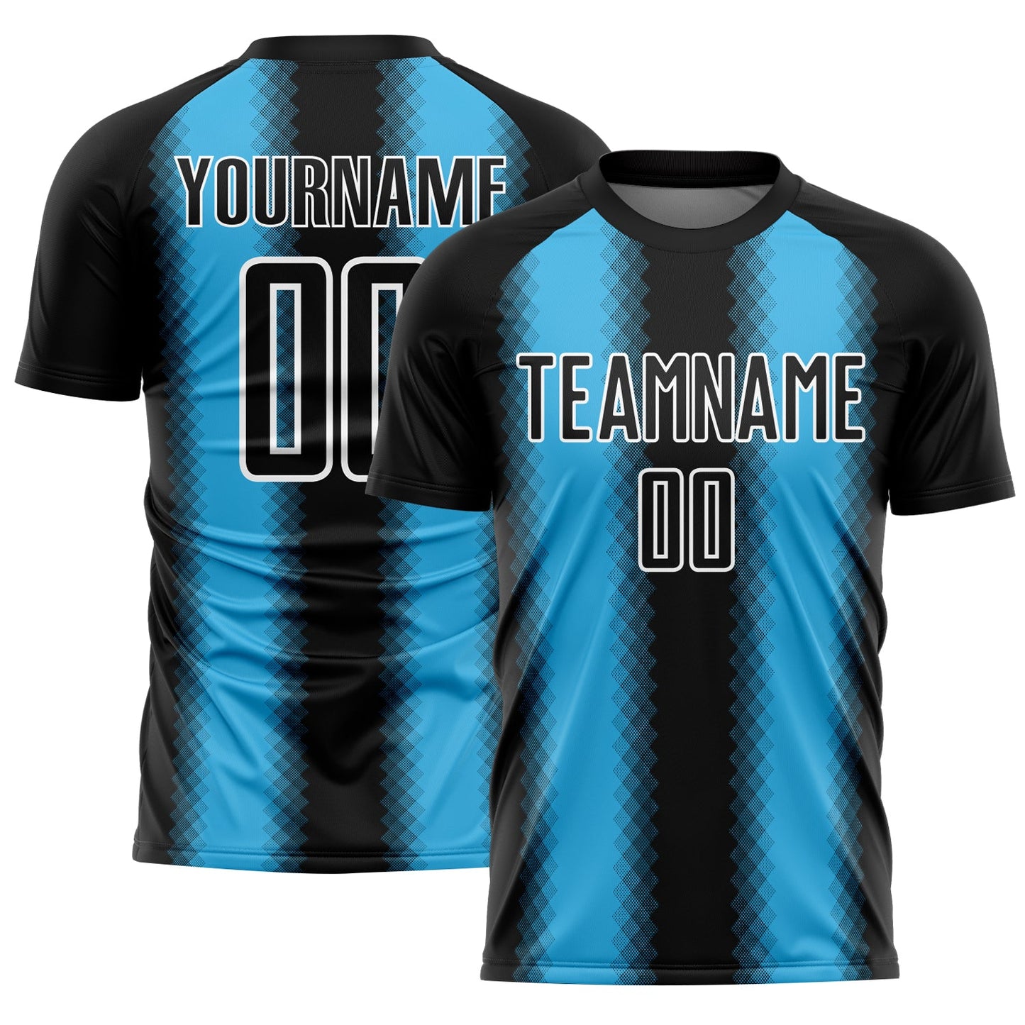 Custom Black Sky Blue-White Zigzag Diamond Stripe Sports Sublimation Soccer Uniform Jersey - Main View