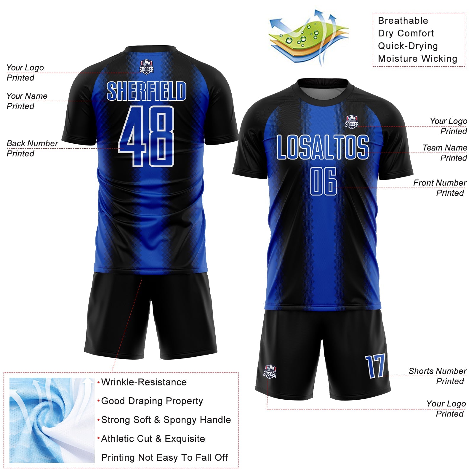 Custom Black Thunder Blue-White Zigzag Diamond Stripe Sports Sublimation Soccer Uniform Jersey view 4