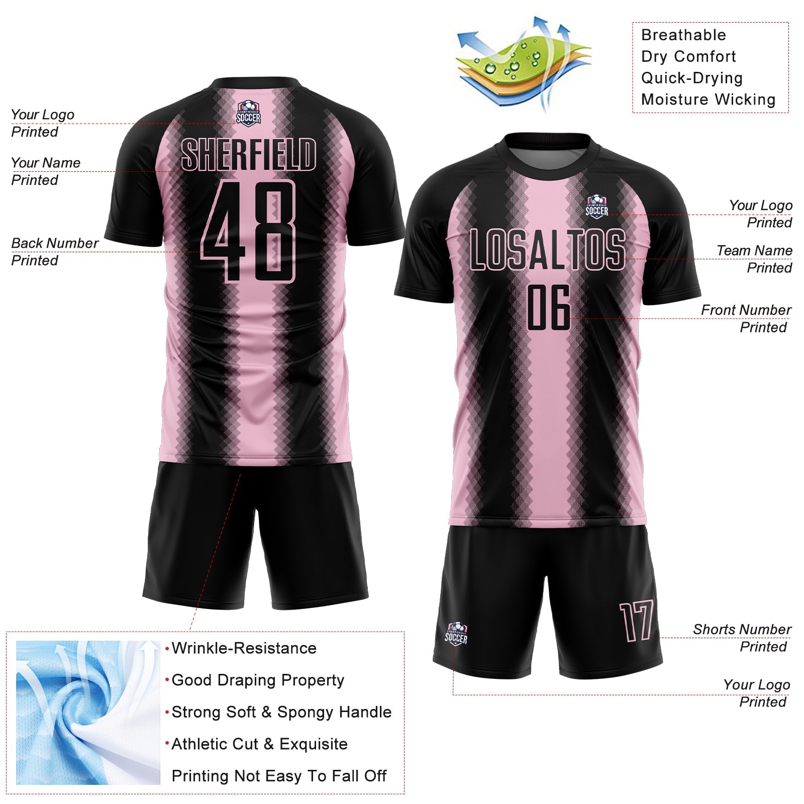 Custom Black Light Pink Zigzag Diamond Stripe Sports Sublimation Soccer Uniform Jersey view 4