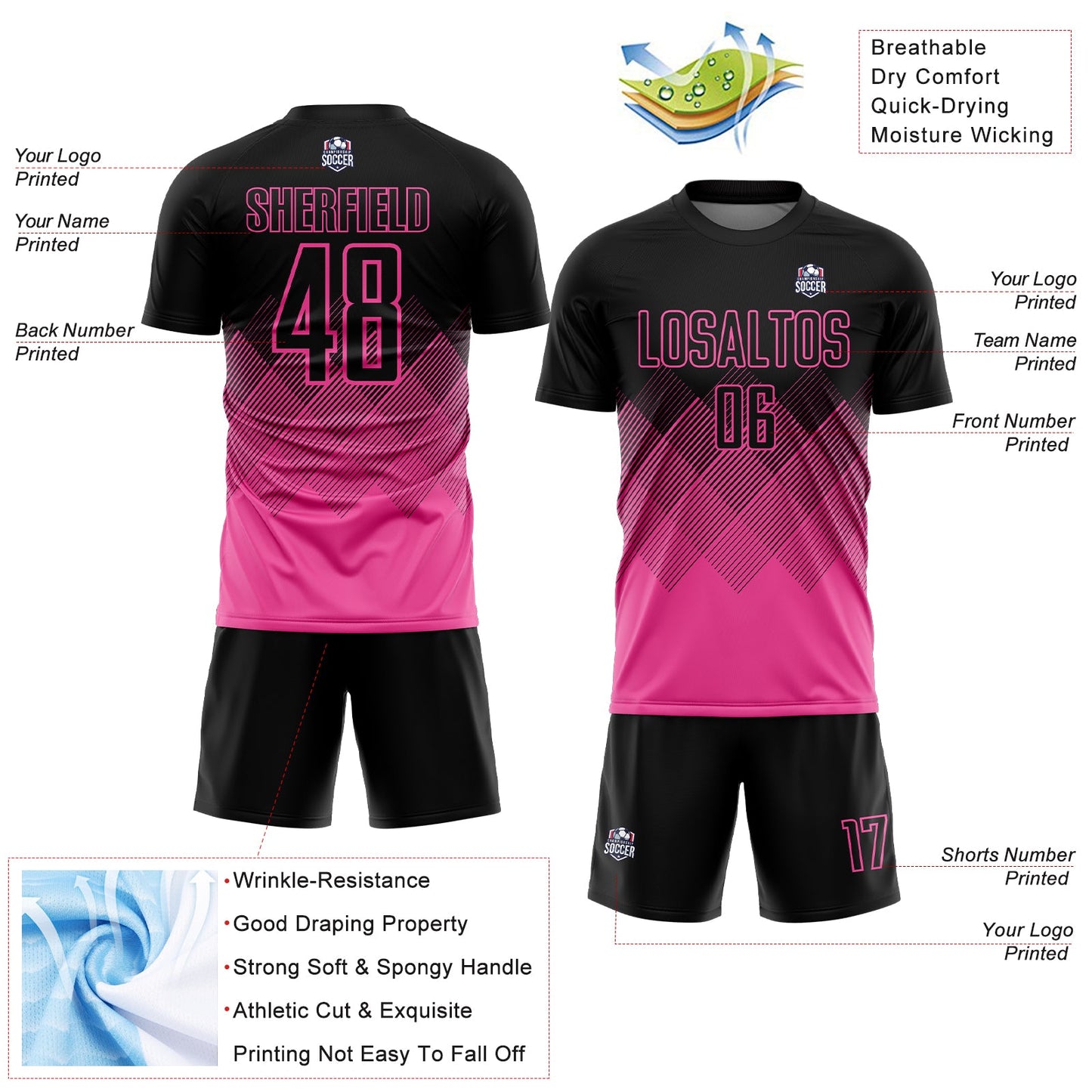 Custom Black Pink Gradient Diamond Diagonal Lines Sports Sublimation Soccer Uniform Jersey view 4