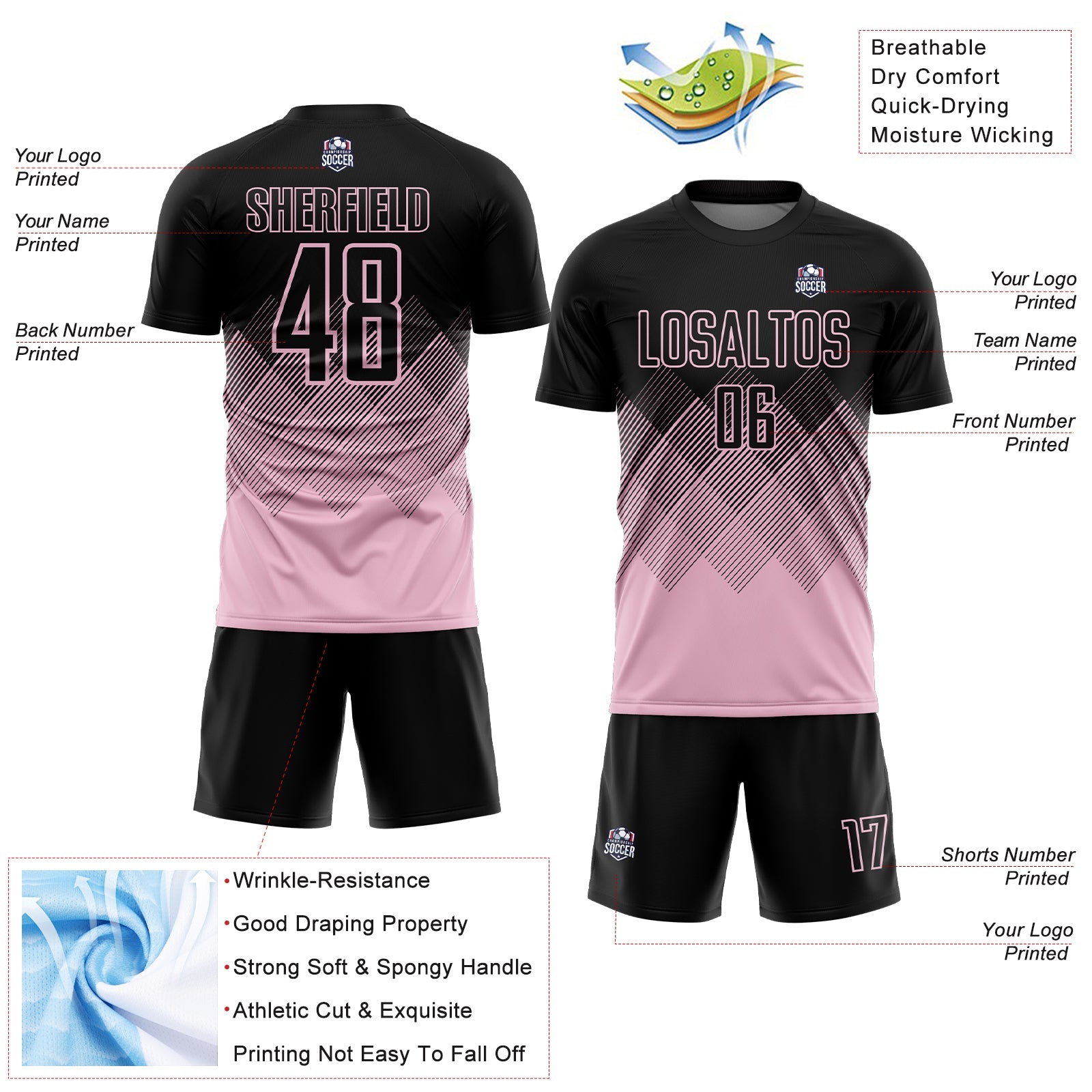 Custom Black Light Pink Gradient Diamond Diagonal Lines Sports Sublimation Soccer Uniform Jersey view 4