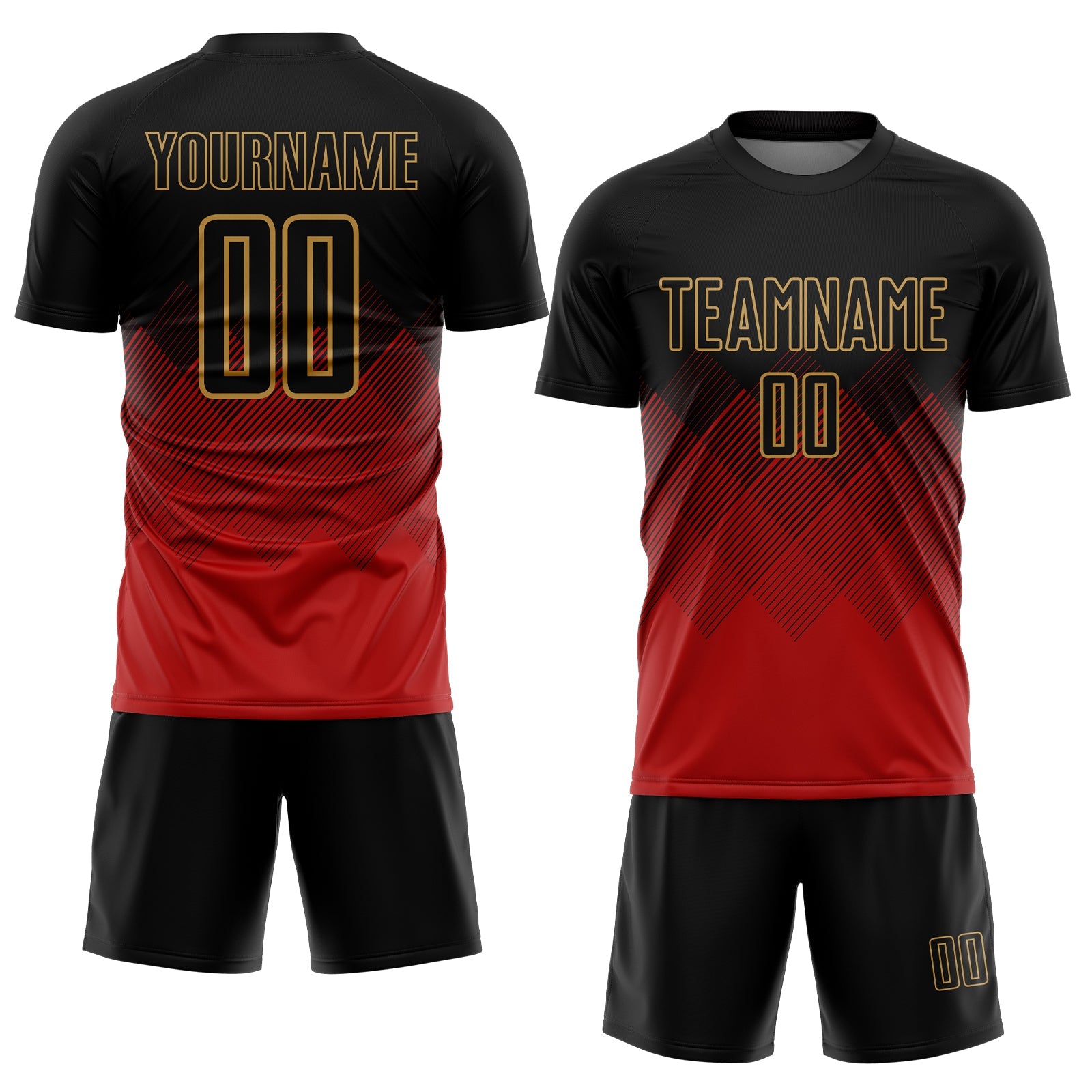 Custom Black Red-Old Gold Gradient Diamond Diagonal Lines Sports Sublimation Soccer Uniform Jersey view 2