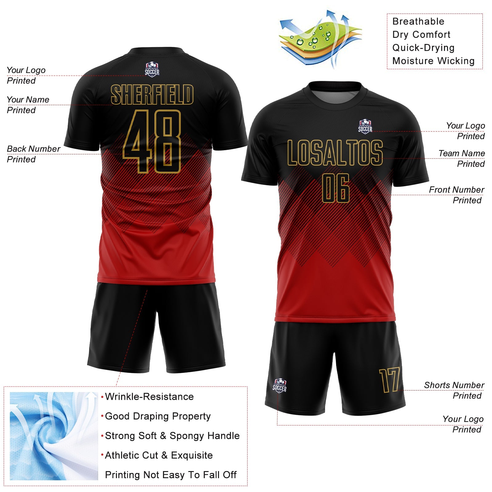 Custom Black Red-Old Gold Gradient Diamond Diagonal Lines Sports Sublimation Soccer Uniform Jersey view 4