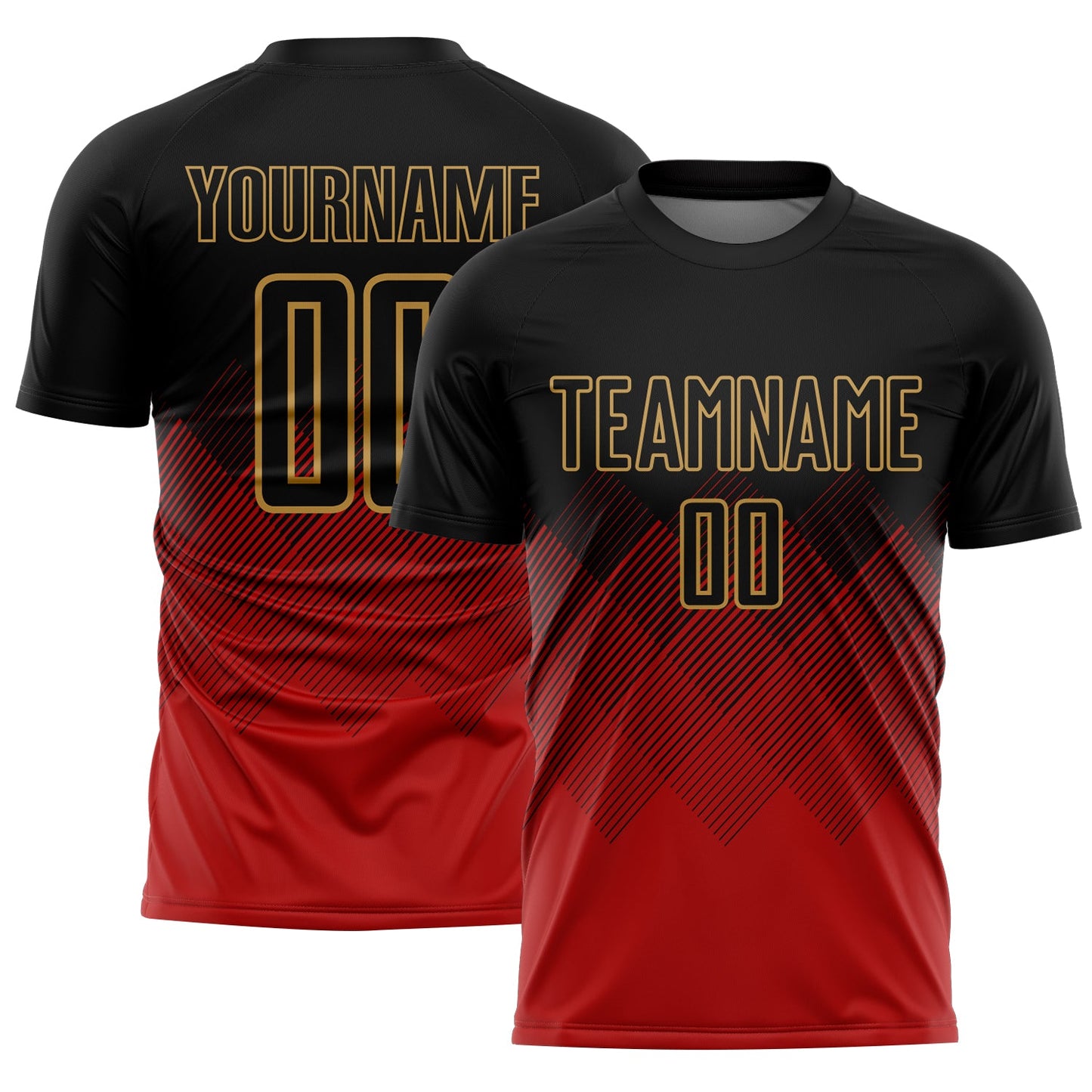 Custom Black Red-Old Gold Gradient Diamond Diagonal Lines Sports Sublimation Soccer Uniform Jersey - Main View
