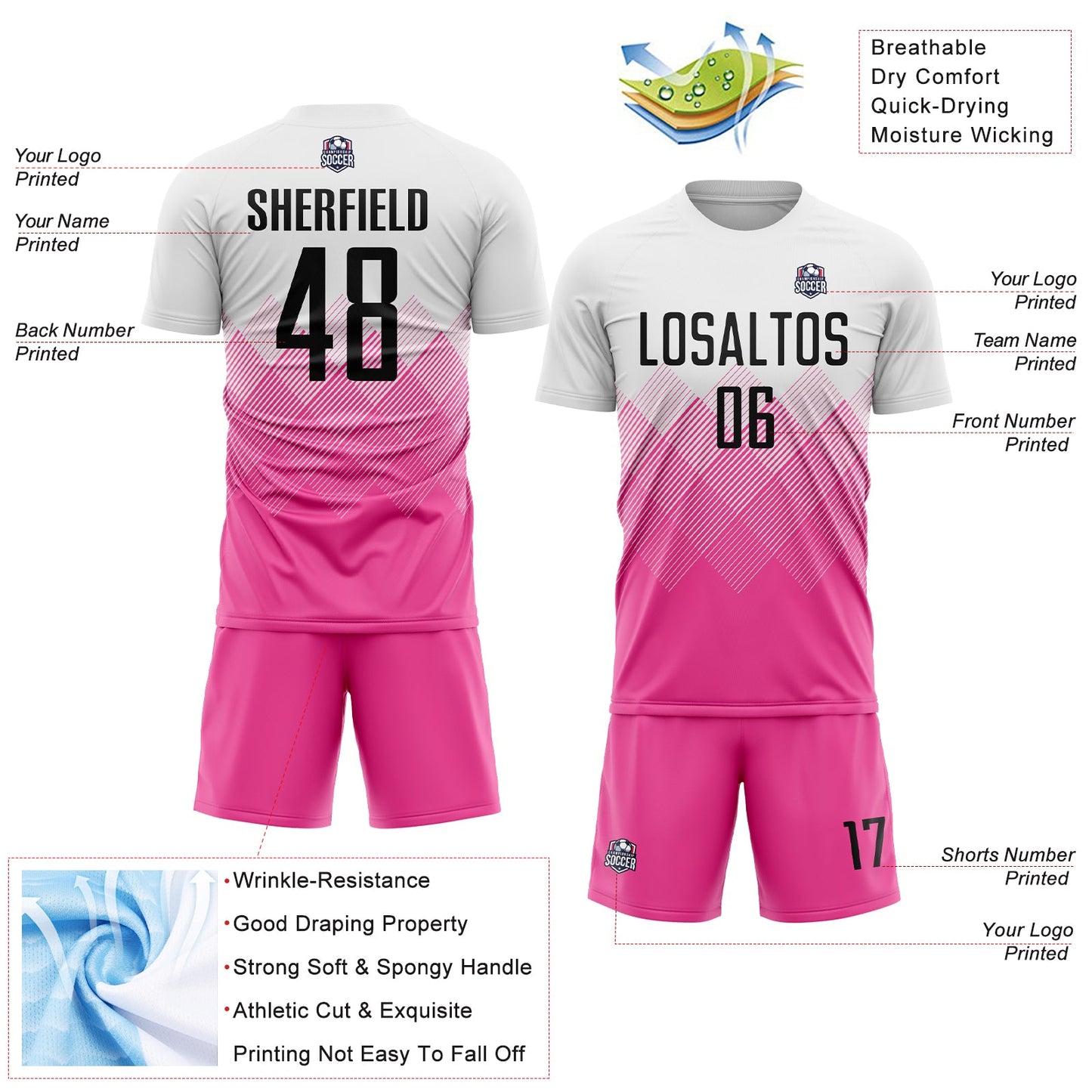 Custom White Black-Pink Gradient Diamond Diagonal Lines Sports Sublimation Soccer Uniform Jersey view 4