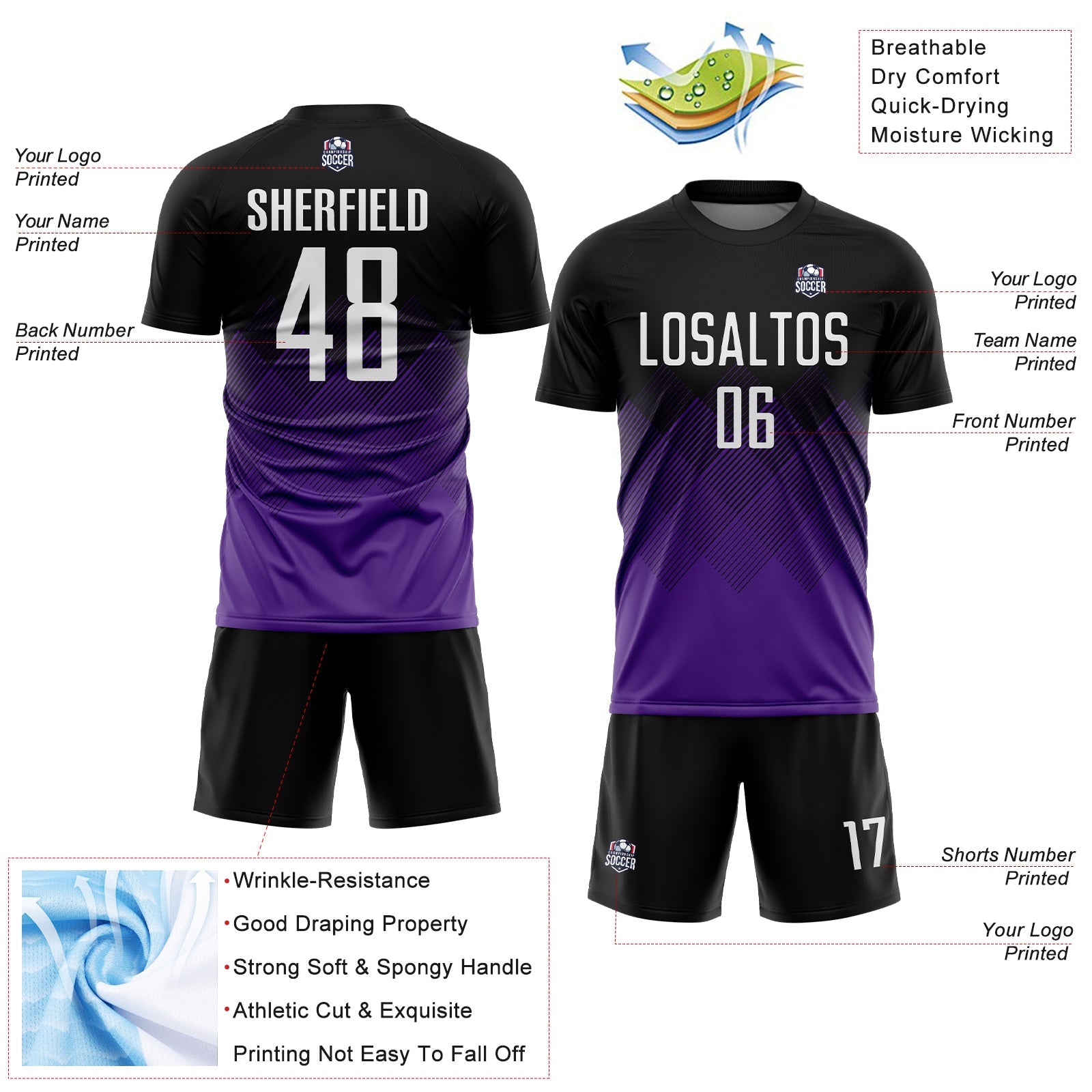 Custom Black White-Purple Gradient Diamond Diagonal Lines Sports Sublimation Soccer Uniform Jersey view 4