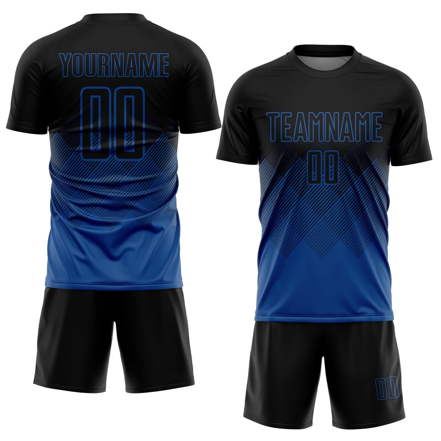 Custom Black Blue Gradient Diamond Diagonal Lines Sports Sublimation Soccer Uniform Jersey view 2