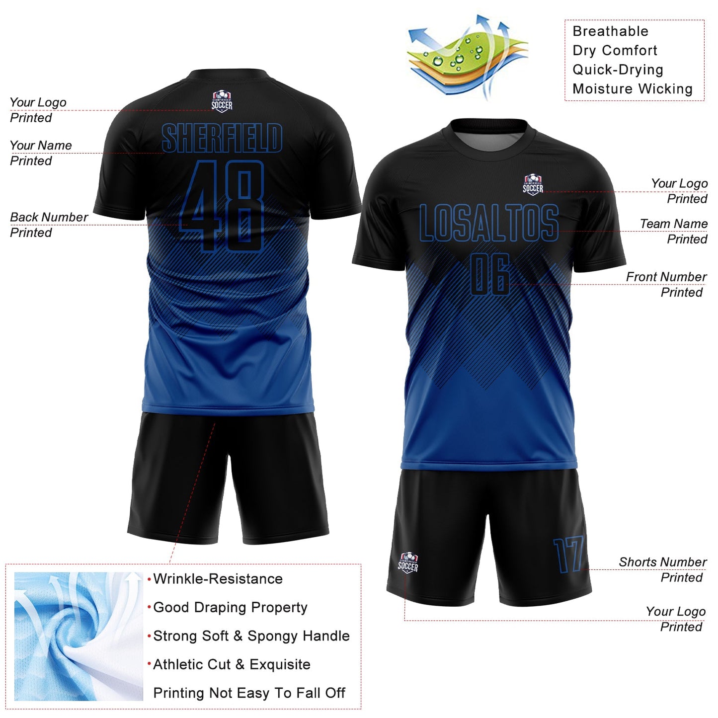 Custom Black Blue Gradient Diamond Diagonal Lines Sports Sublimation Soccer Uniform Jersey view 4
