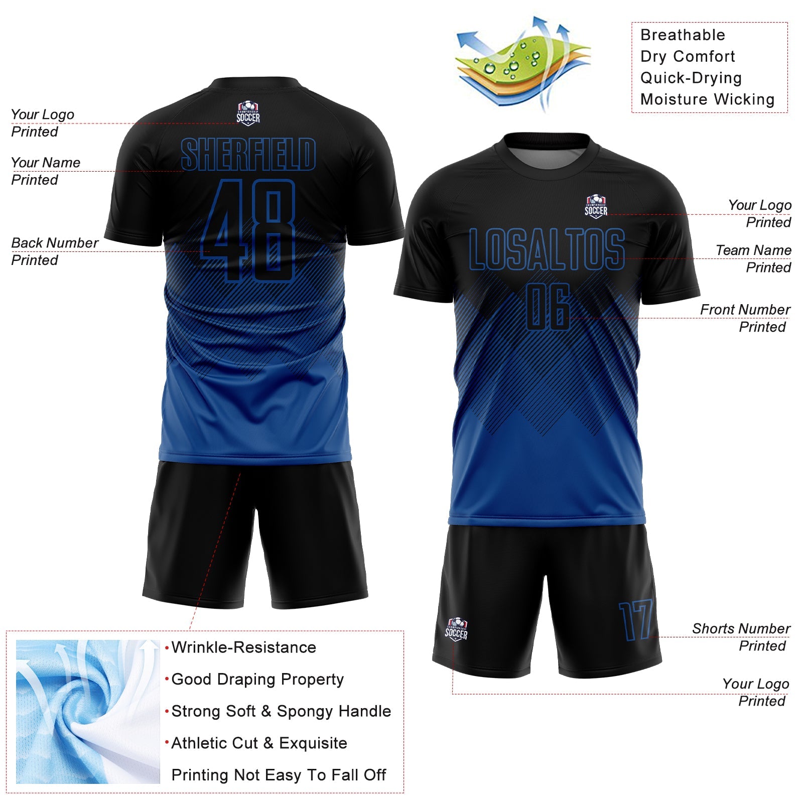 Custom Black Blue Gradient Diamond Diagonal Lines Sports Sublimation Soccer Uniform Jersey view 4