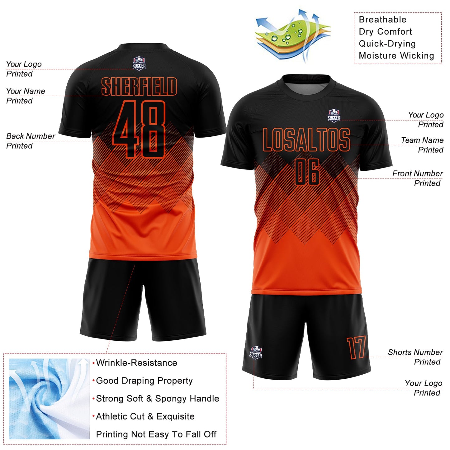 Custom Black Orange Gradient Diamond Diagonal Lines Sports Sublimation Soccer Uniform Jersey view 4