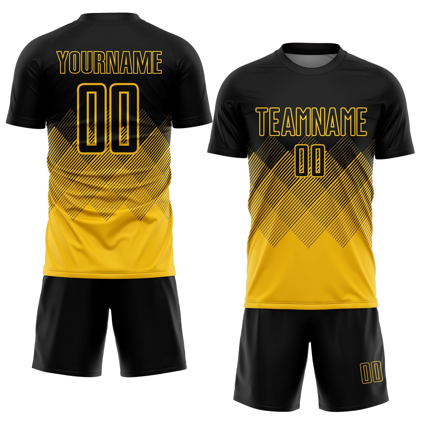 Custom Black Yellow Gradient Diamond Diagonal Lines Sports Sublimation Soccer Uniform Jersey view 2