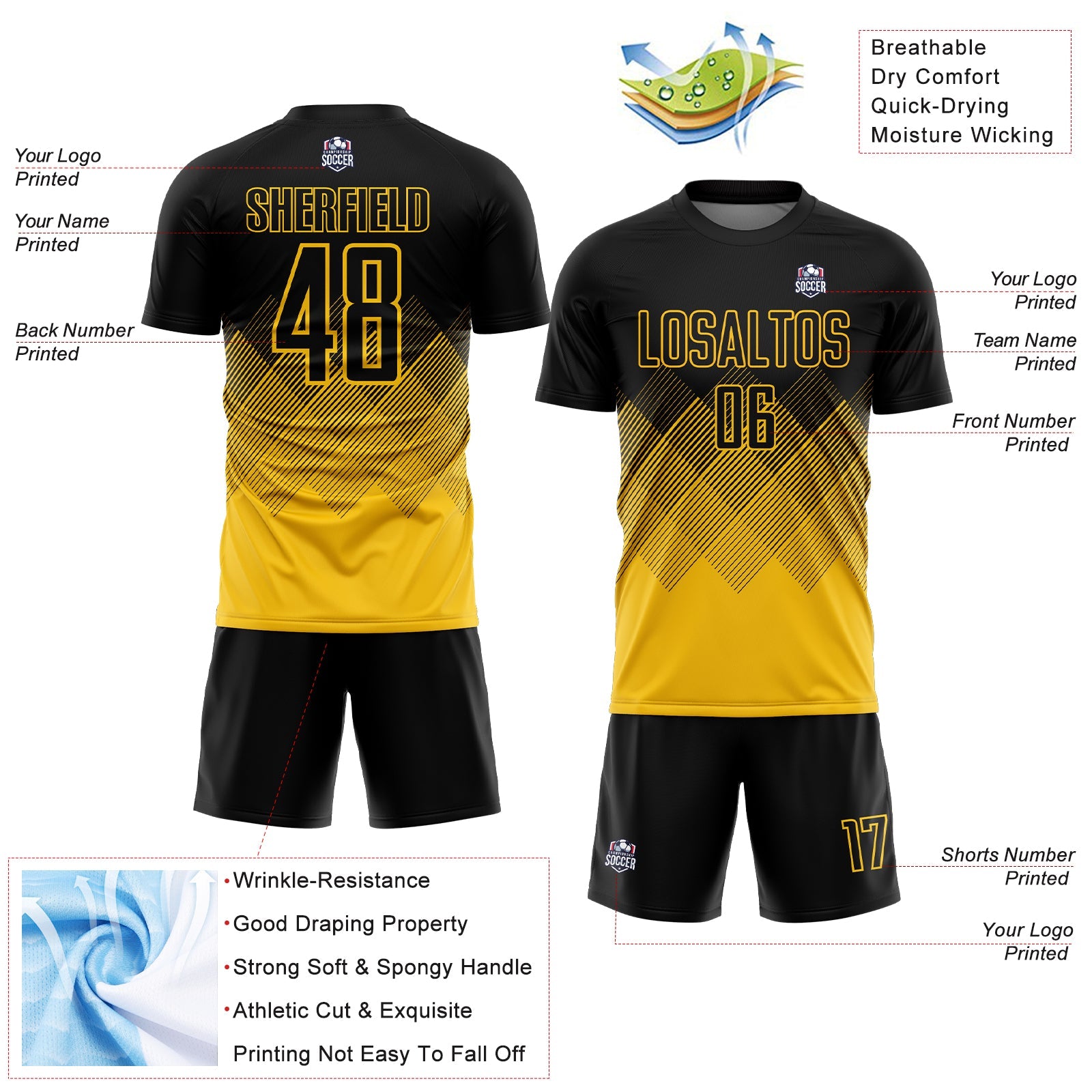 Custom Black Yellow Gradient Diamond Diagonal Lines Sports Sublimation Soccer Uniform Jersey view 4