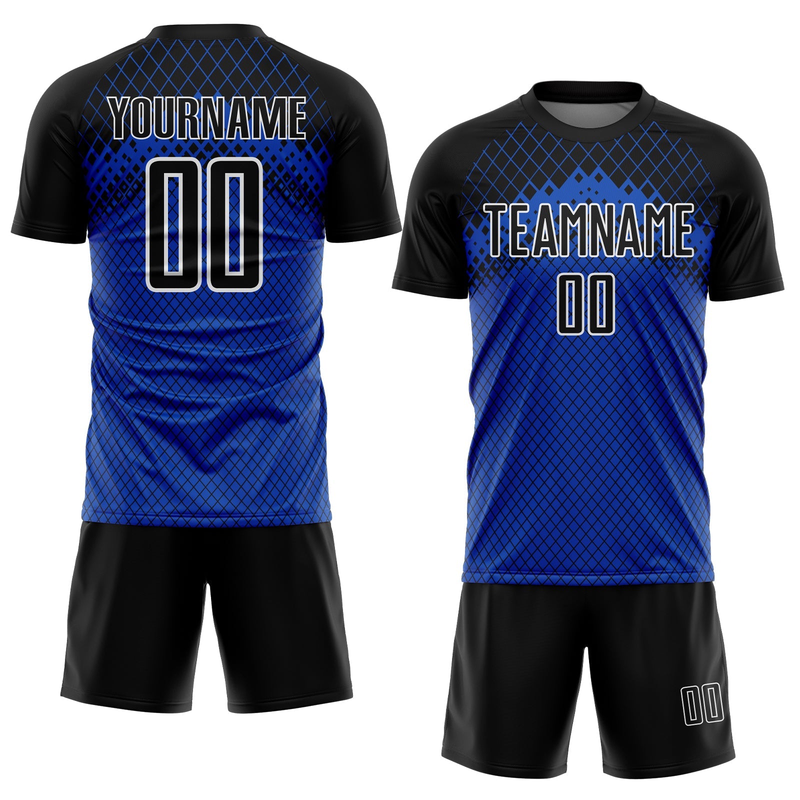Custom Black Thunder Blue-White Gradient Diamond Grid Sports Sublimation Soccer Uniform Jersey view 2
