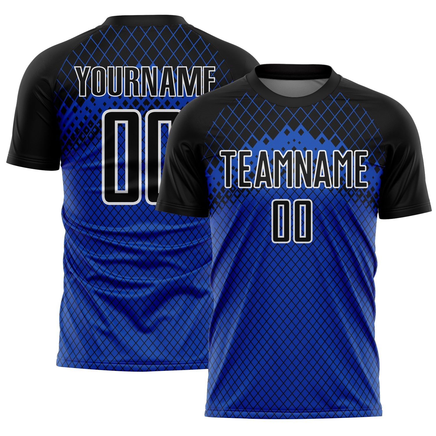 Custom Black Thunder Blue-White Gradient Diamond Grid Sports Sublimation Soccer Uniform Jersey - Main View