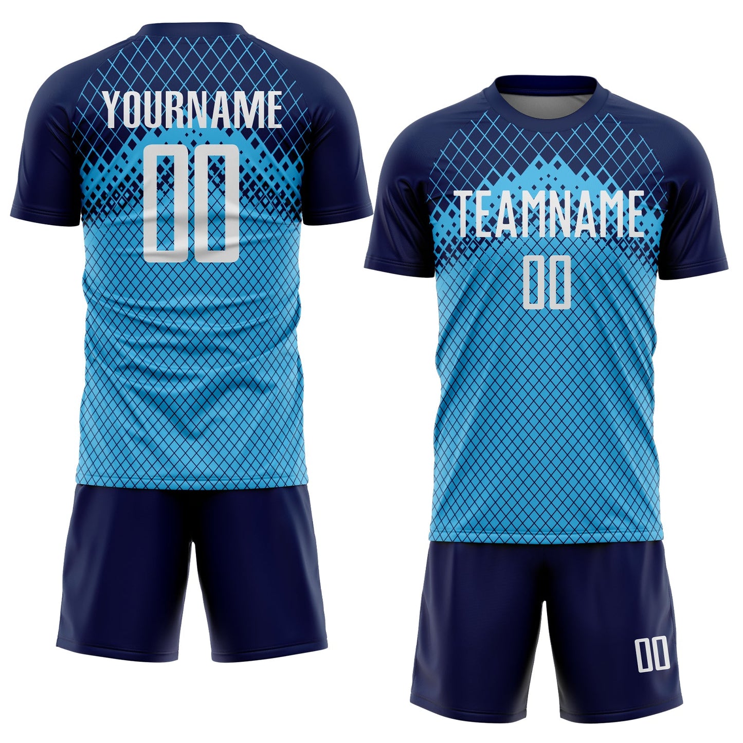 Custom Navy White-Sky Blue Gradient Diamond Grid Sports Sublimation Soccer Uniform Jersey view 2