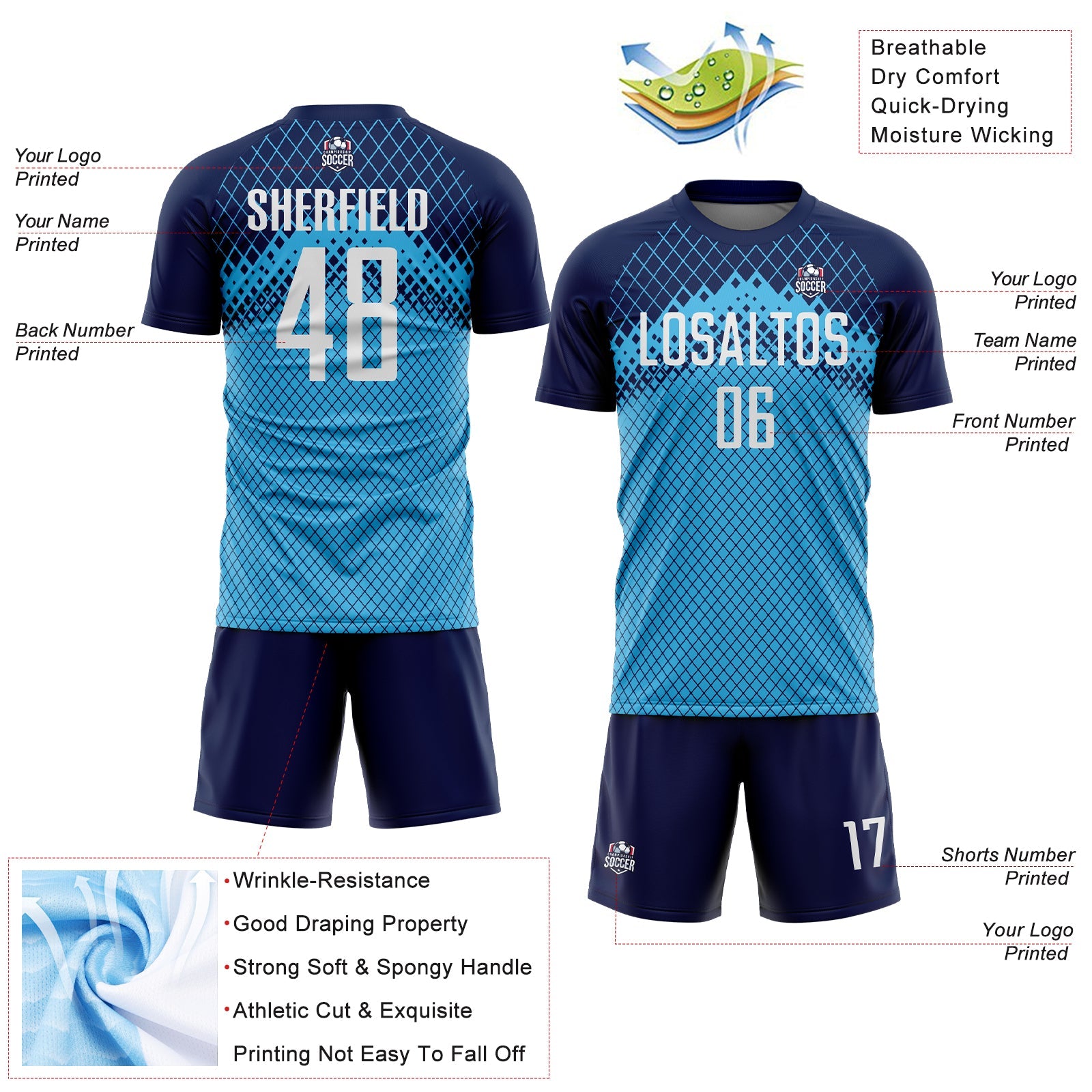 Custom Navy White-Sky Blue Gradient Diamond Grid Sports Sublimation Soccer Uniform Jersey view 4