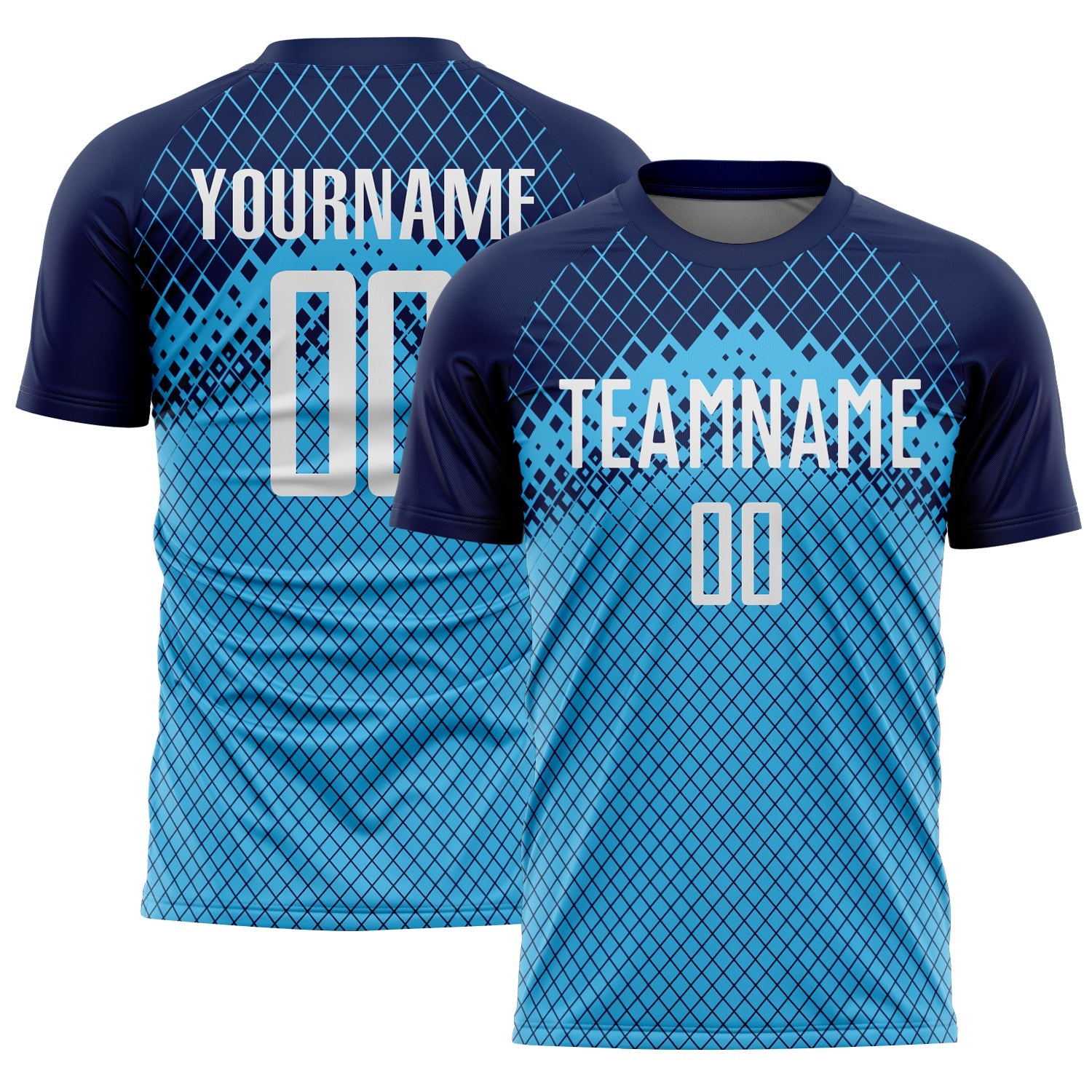 Custom Navy White-Sky Blue Gradient Diamond Grid Sports Sublimation Soccer Uniform Jersey - Main View