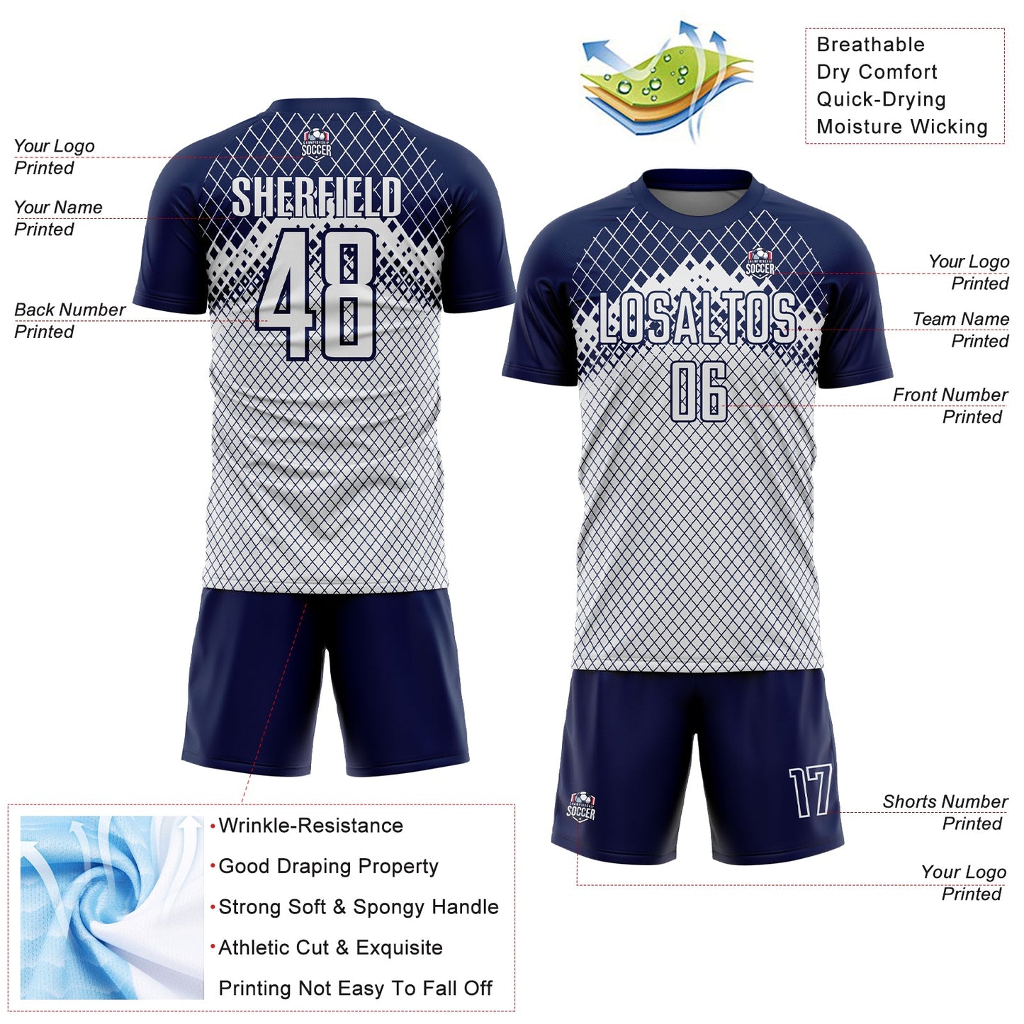 Custom Navy White Gradient Diamond Grid Sports Sublimation Soccer Uniform Jersey view 4