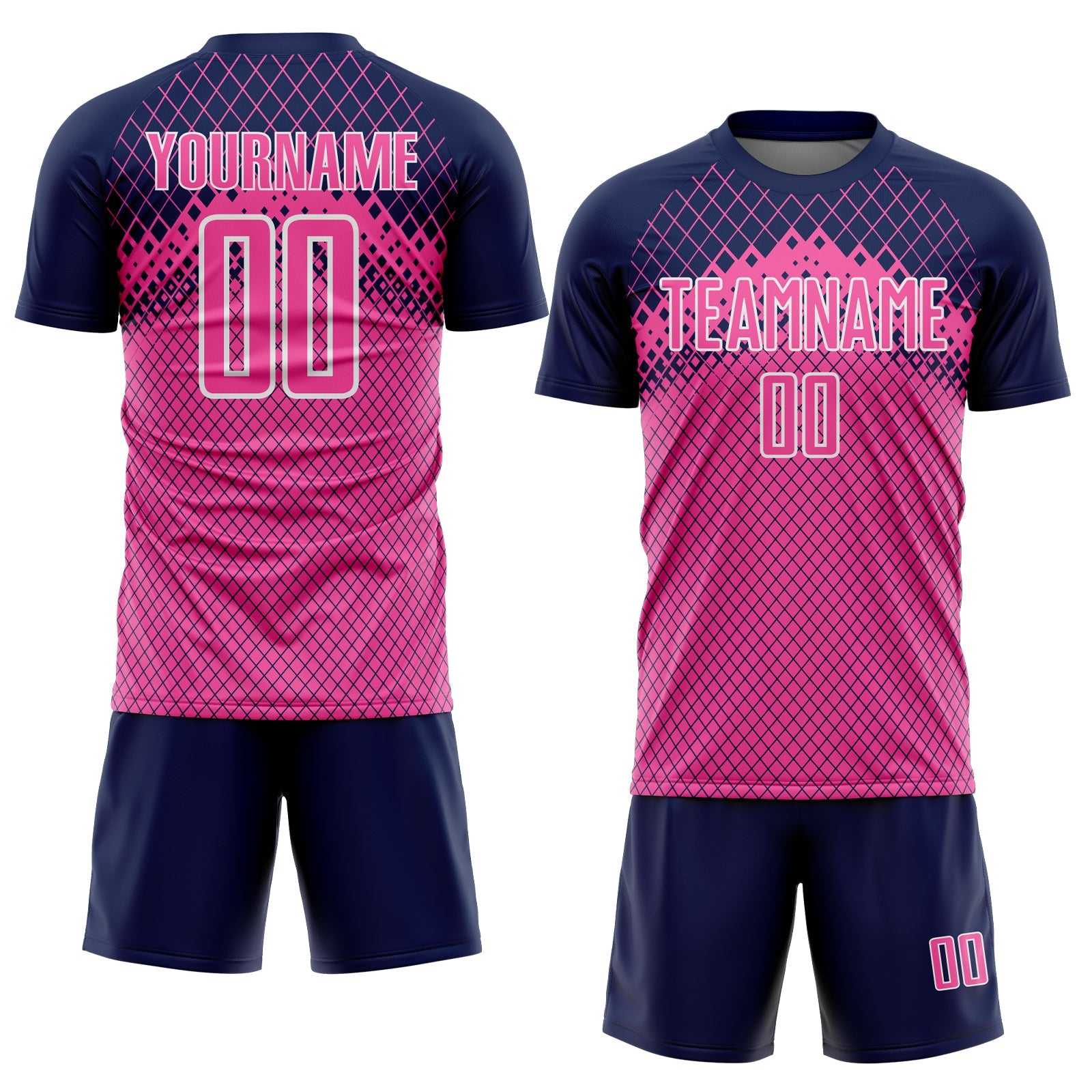 Custom Navy Pink-White Gradient Diamond Grid Sports Sublimation Soccer Uniform Jersey view 2