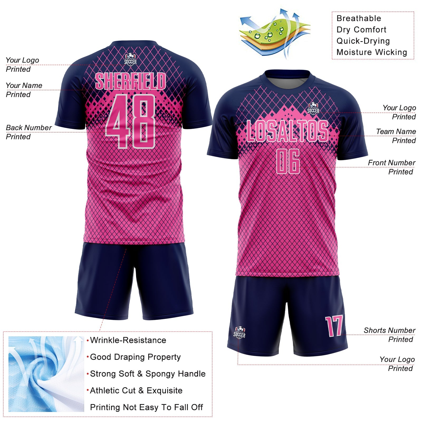 Custom Navy Pink-White Gradient Diamond Grid Sports Sublimation Soccer Uniform Jersey view 4