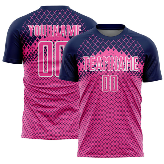 Custom Navy Pink-White Gradient Diamond Grid Sports Sublimation Soccer Uniform Jersey - Main View