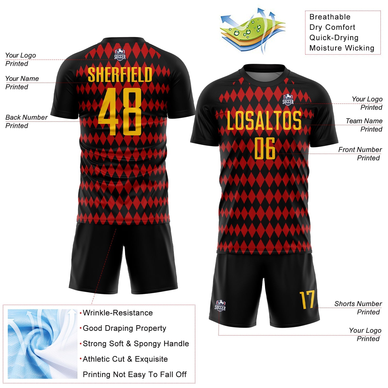 Custom Black Yellow-Red Diamond Harlequin Check Sports Sublimation Soccer Uniform Jersey view 4