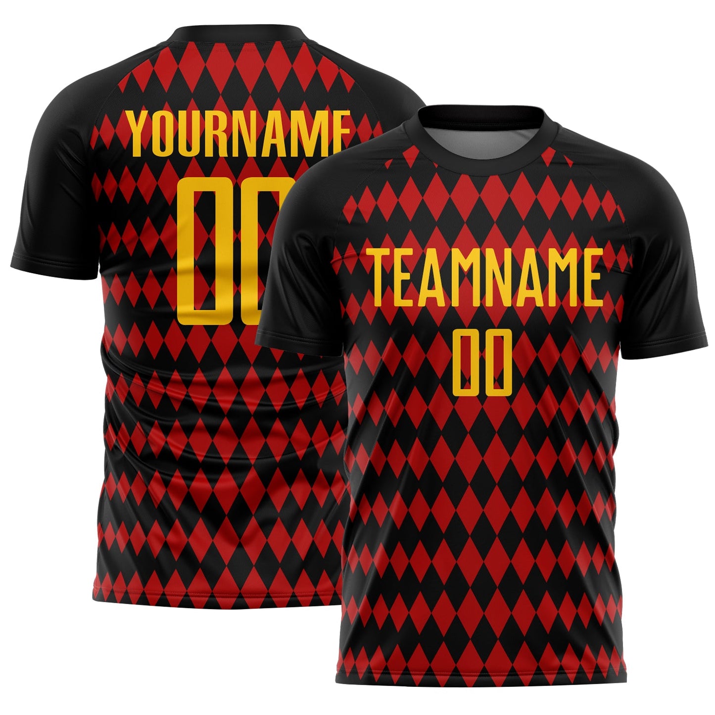 Custom Black Yellow-Red Diamond Harlequin Check Sports Sublimation Soccer Uniform Jersey - Main View