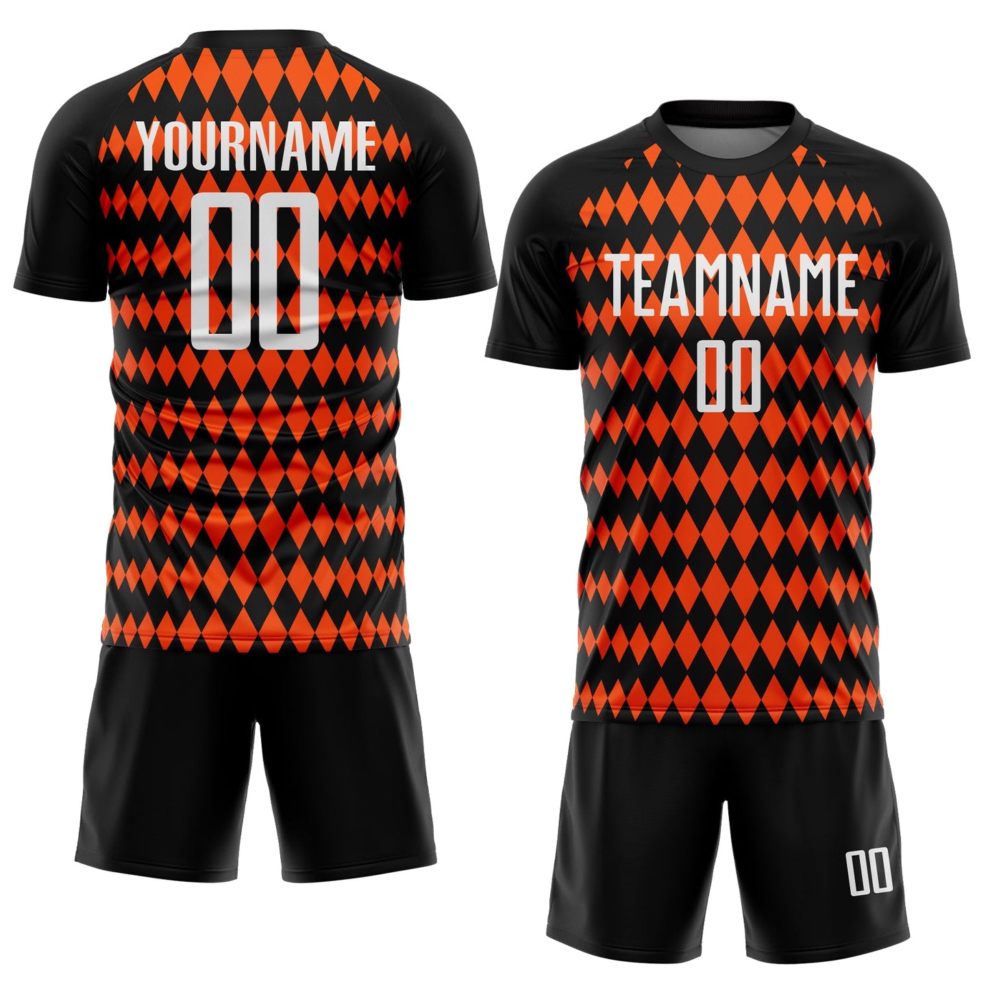 Custom Black White-Orange Diamond Harlequin Check Sports Sublimation Soccer Uniform Jersey view 2