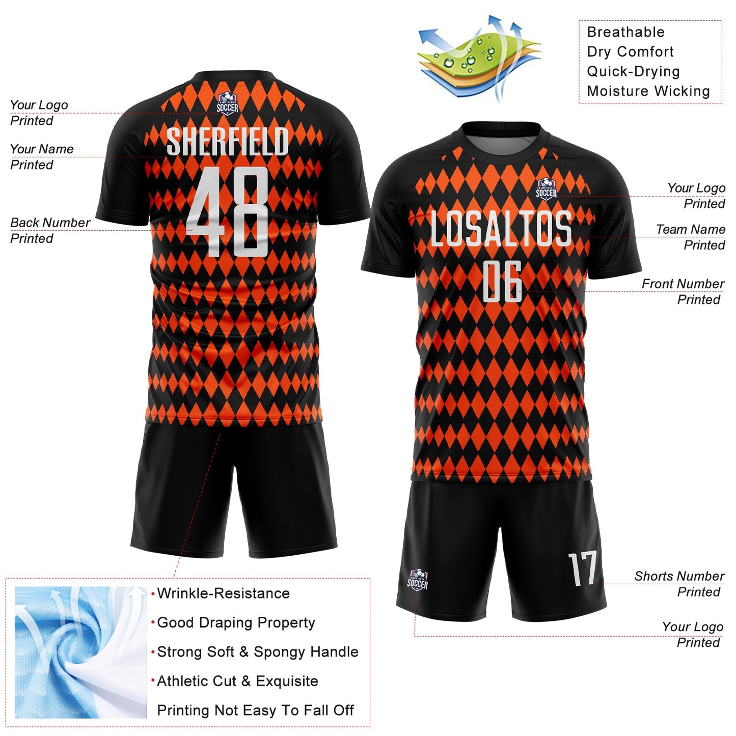 Custom Black White-Orange Diamond Harlequin Check Sports Sublimation Soccer Uniform Jersey view 4