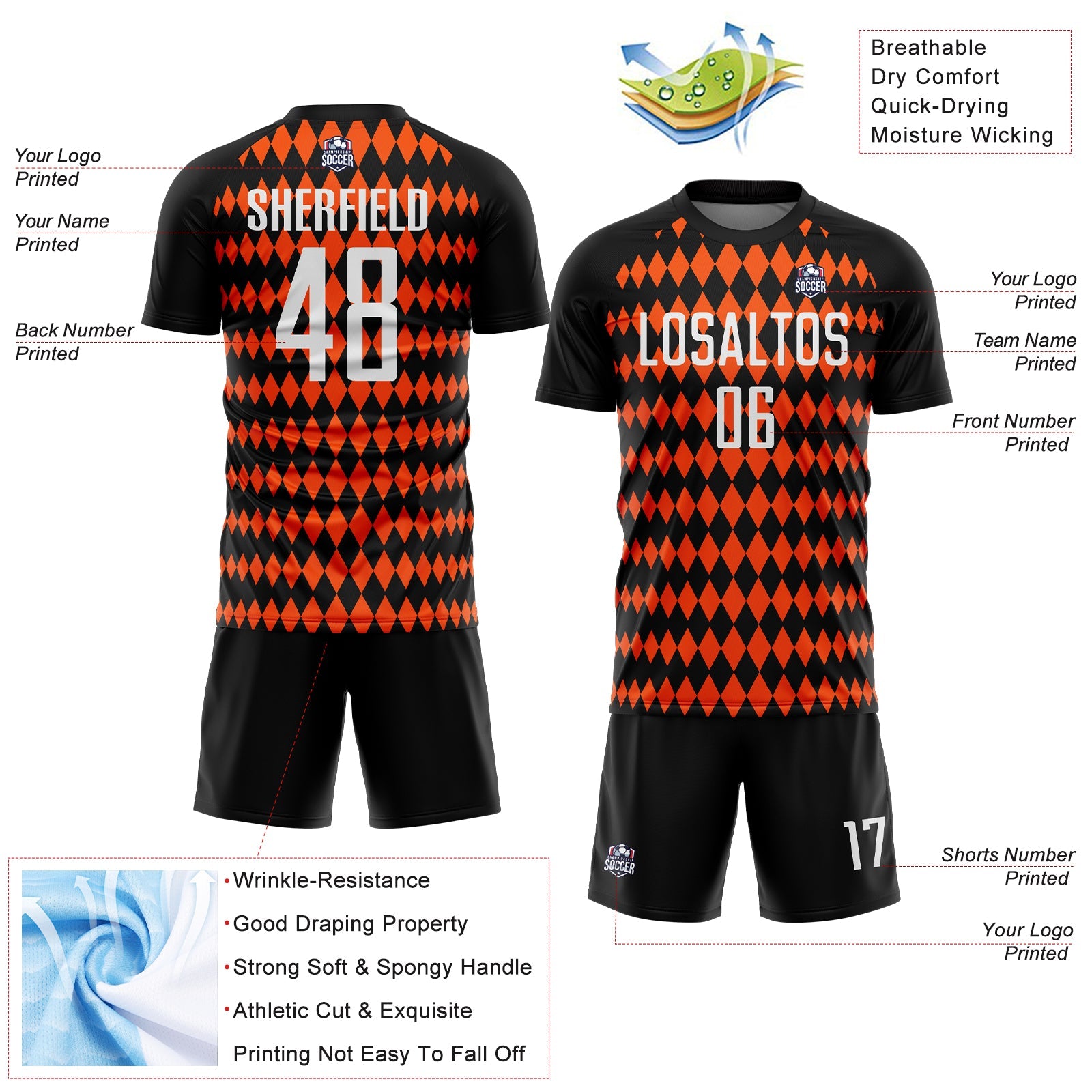 Custom Black White-Orange Diamond Harlequin Check Sports Sublimation Soccer Uniform Jersey view 4
