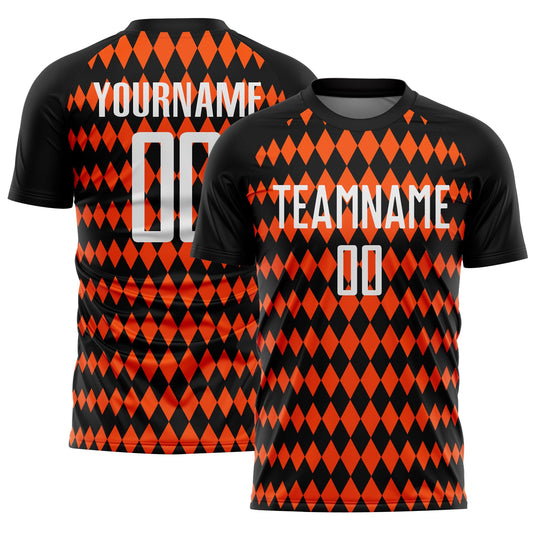Custom Black White-Orange Diamond Harlequin Check Sports Sublimation Soccer Uniform Jersey - Main View