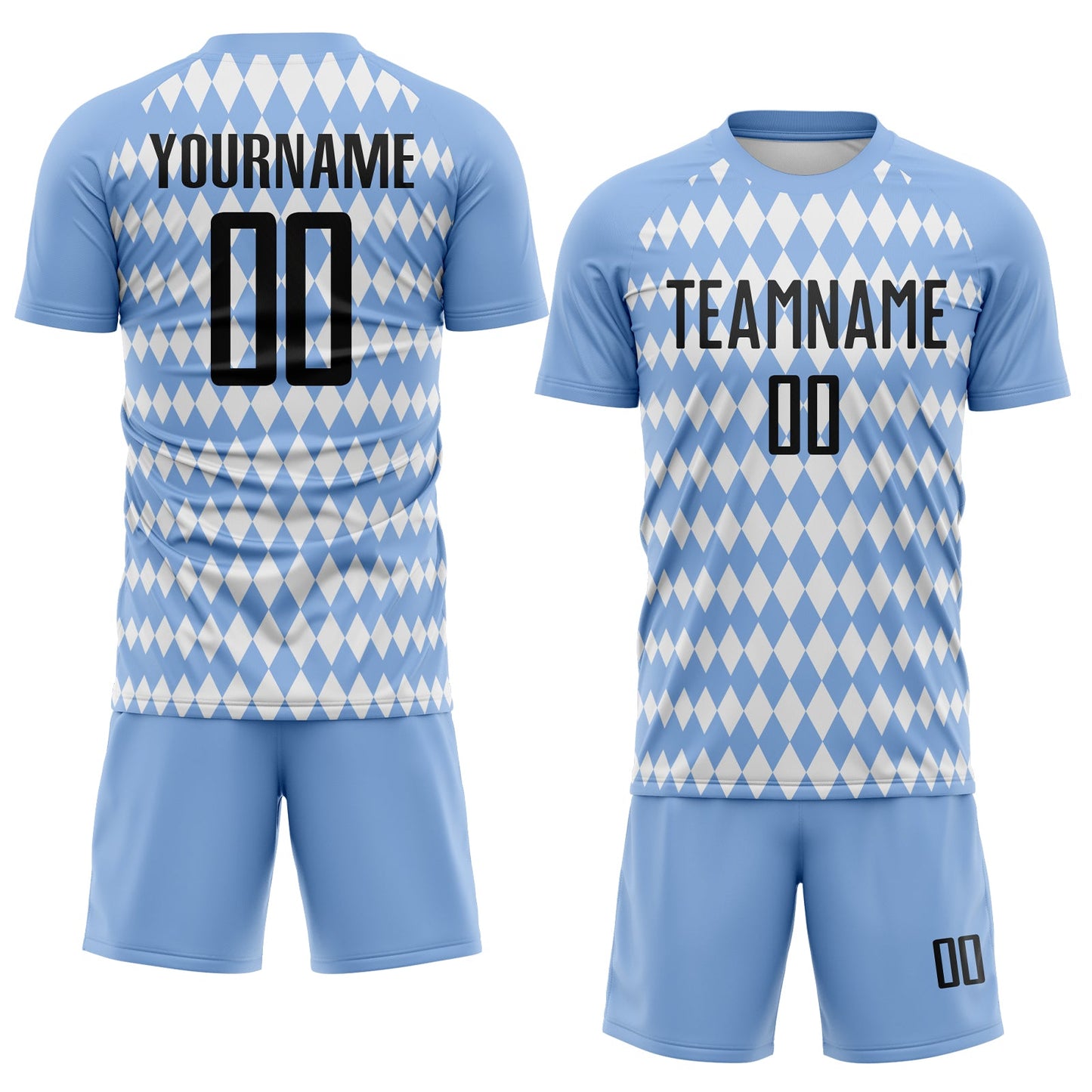 Custom Light Blue Black-White Diamond Harlequin Check Sports Sublimation Soccer Uniform Jersey view 2