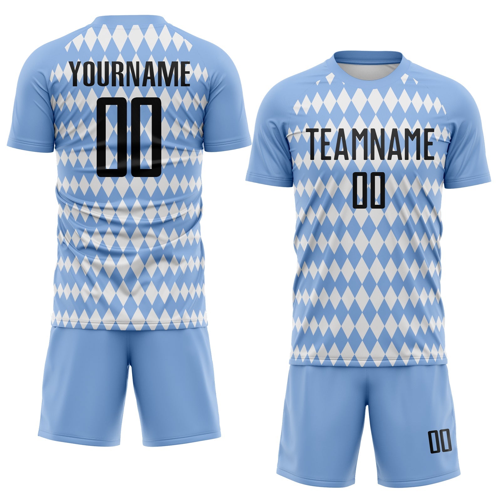Custom Light Blue Black-White Diamond Harlequin Check Sports Sublimation Soccer Uniform Jersey view 2