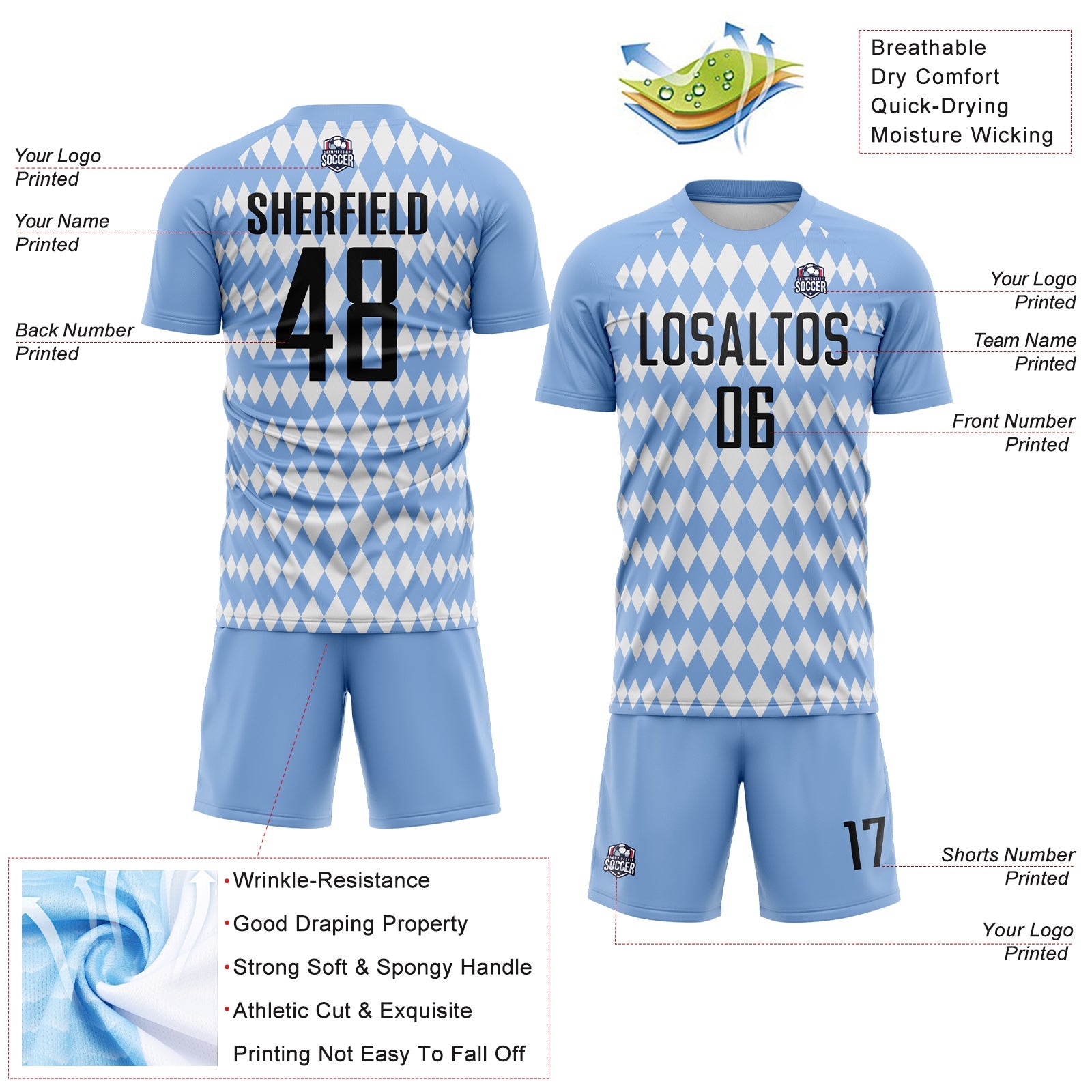 Custom Light Blue Black-White Diamond Harlequin Check Sports Sublimation Soccer Uniform Jersey view 4