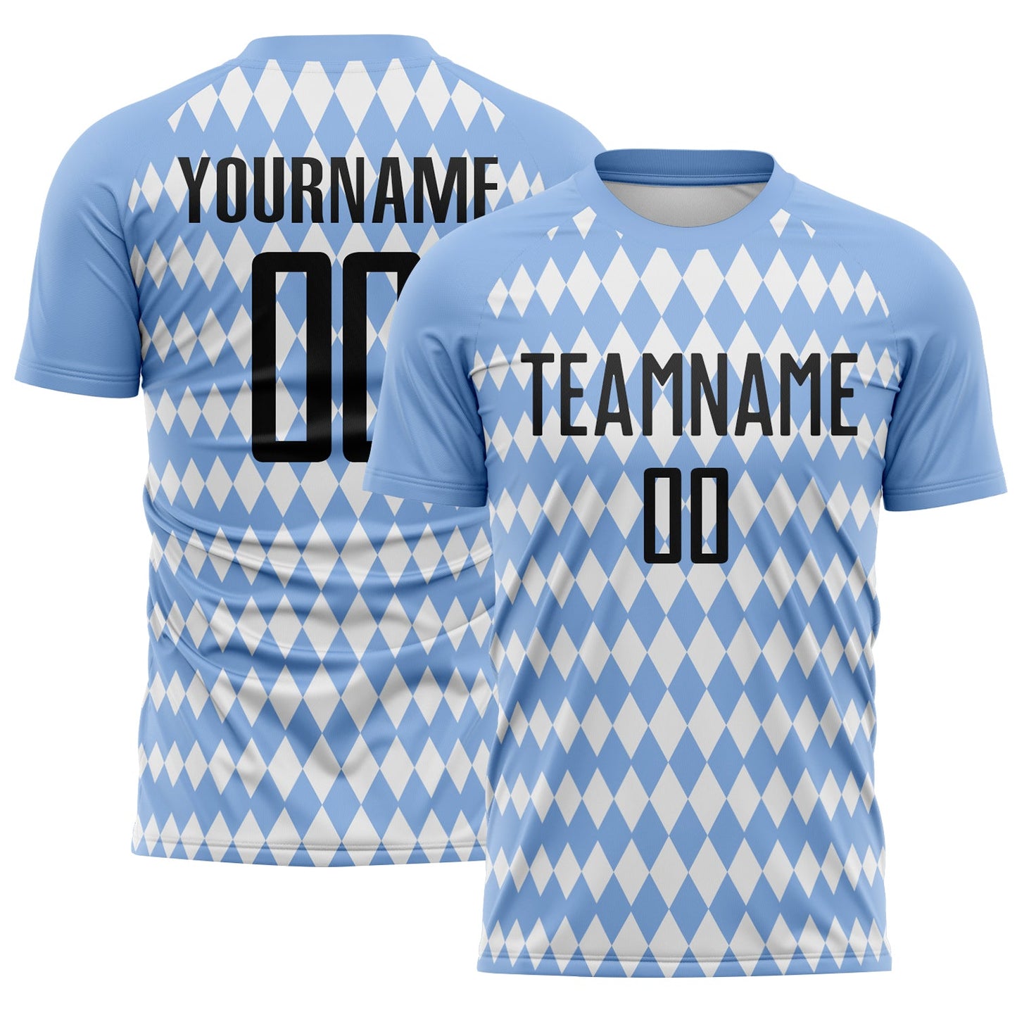 Custom Light Blue Black-White Diamond Harlequin Check Sports Sublimation Soccer Uniform Jersey - Main View