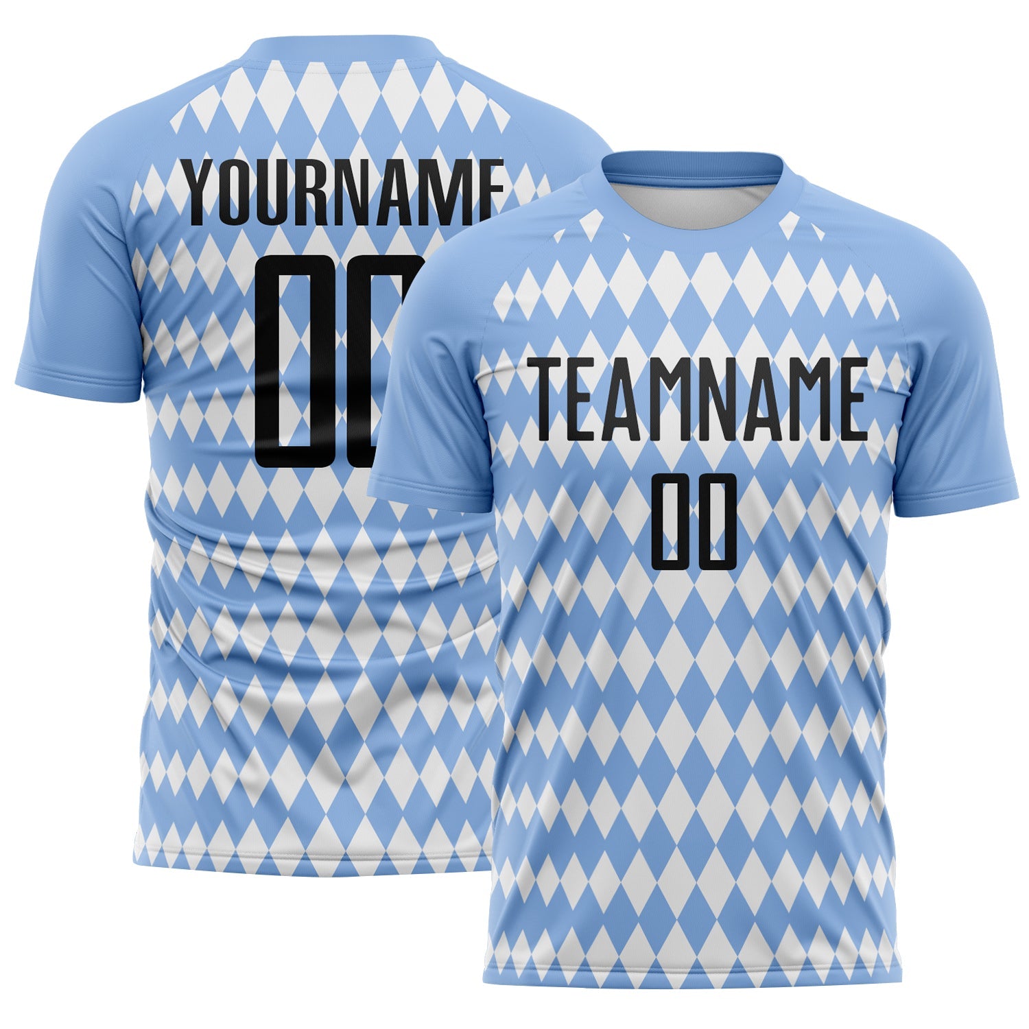 Custom Light Blue Black-White Diamond Harlequin Check Sports Sublimation Soccer Uniform Jersey - Main View