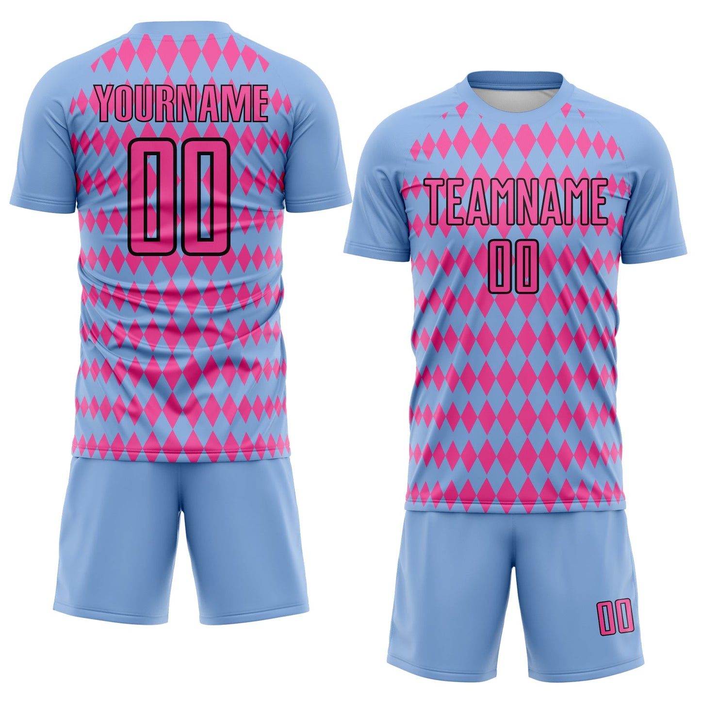 Custom Light Blue Pink-Black Diamond Harlequin Check Sports Sublimation Soccer Uniform Jersey view 2