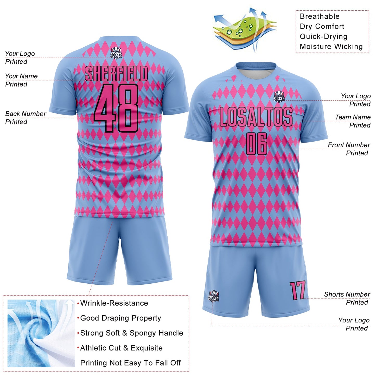 Custom Light Blue Pink-Black Diamond Harlequin Check Sports Sublimation Soccer Uniform Jersey view 4