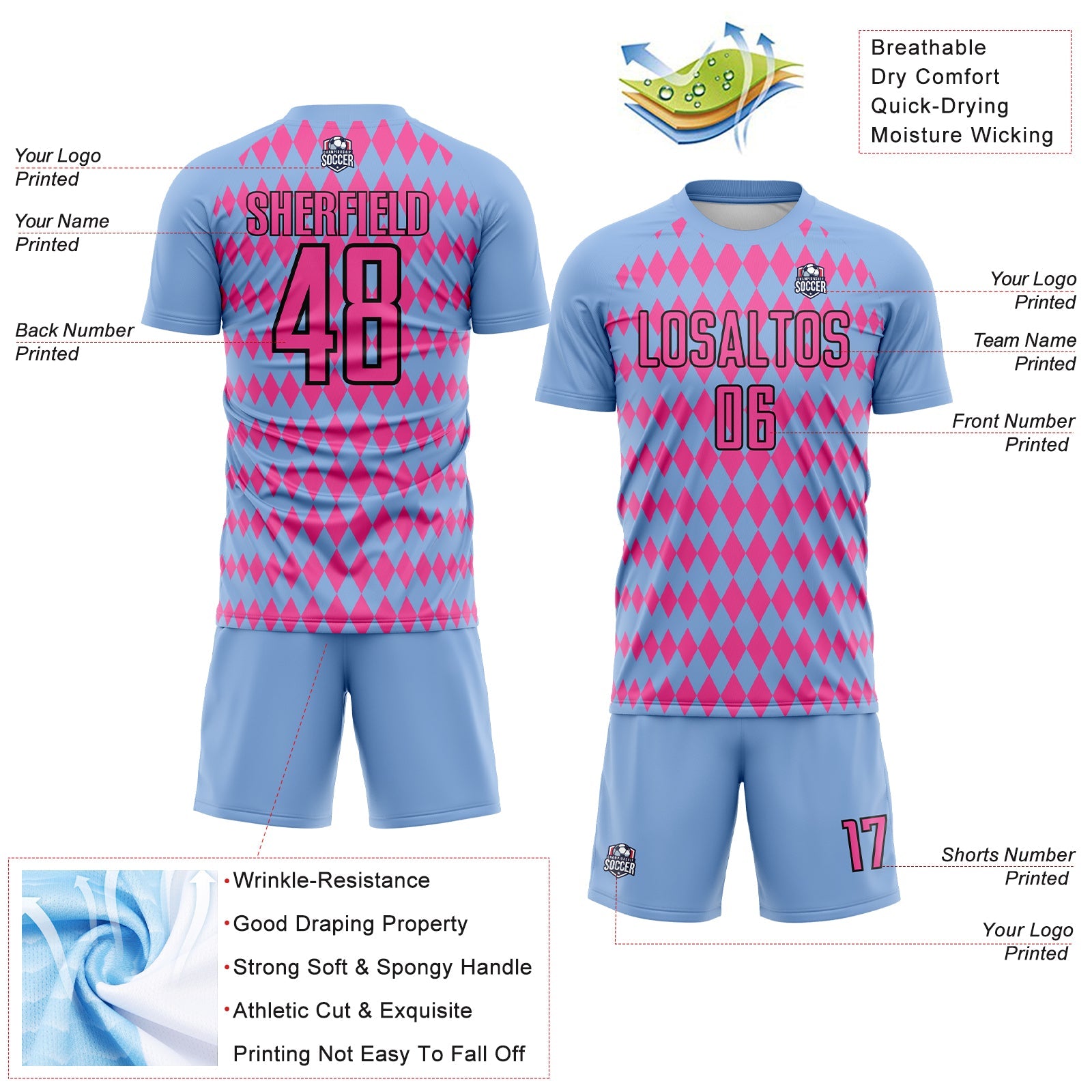 Custom Light Blue Pink-Black Diamond Harlequin Check Sports Sublimation Soccer Uniform Jersey view 4