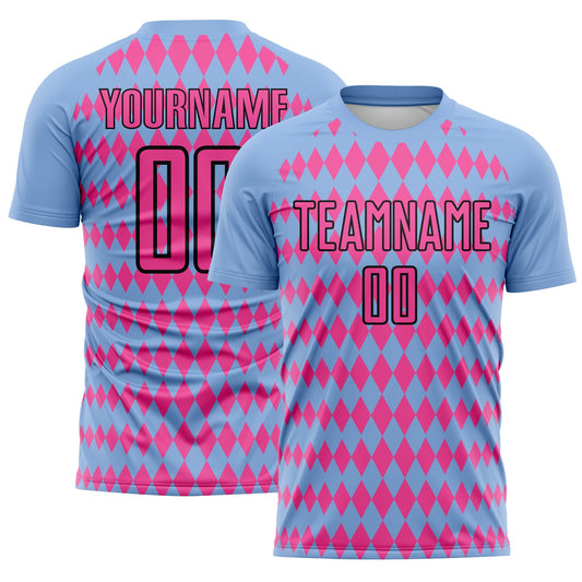 Custom Light Blue Pink-Black Diamond Harlequin Check Sports Sublimation Soccer Uniform Jersey - Main View