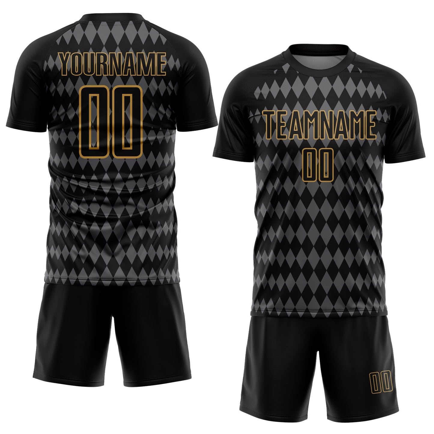 Custom Black Steel Gray-Old Gold Diamond Harlequin Check Sports Sublimation Soccer Uniform Jersey view 2