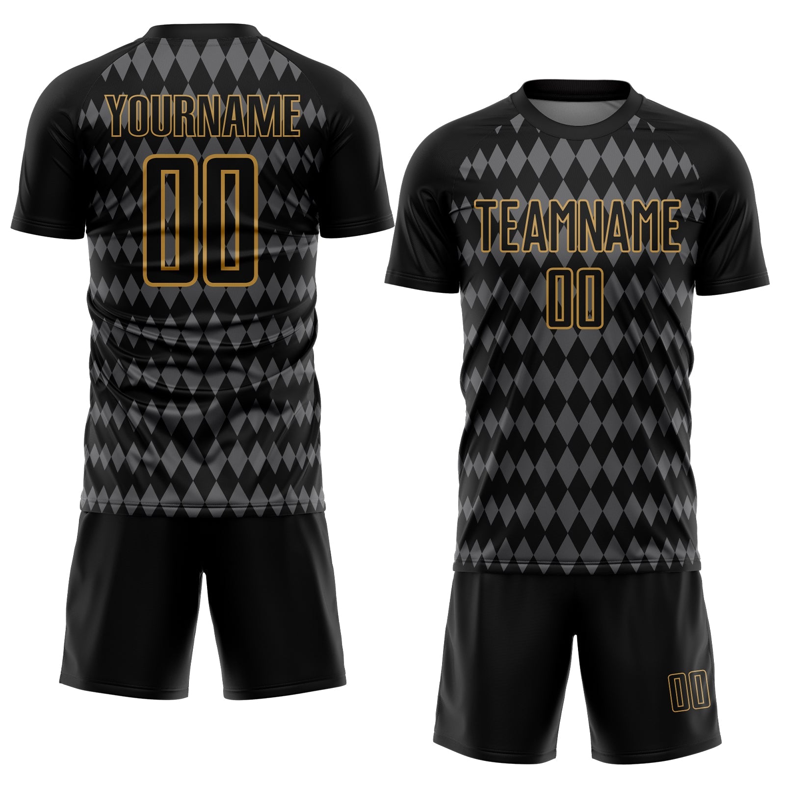 Custom Black Steel Gray-Old Gold Diamond Harlequin Check Sports Sublimation Soccer Uniform Jersey view 2