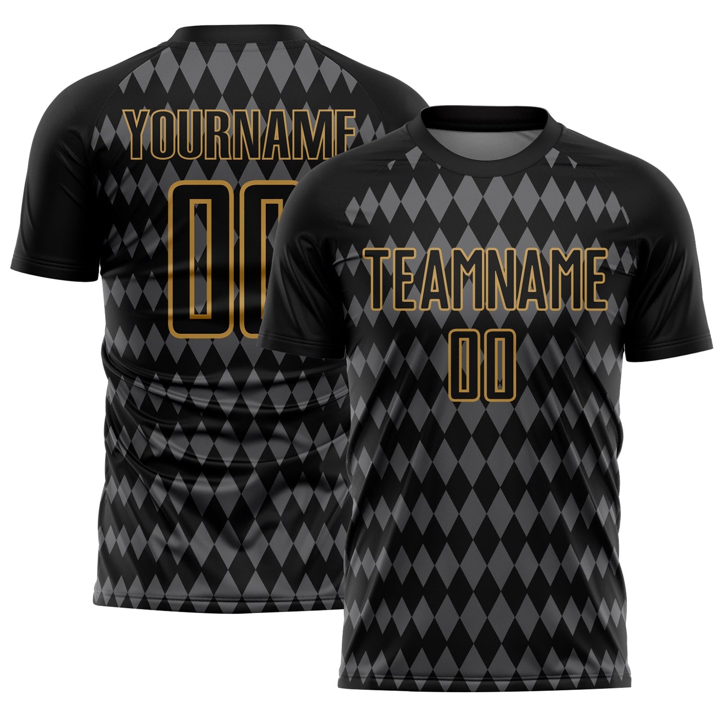 Custom Black Steel Gray-Old Gold Diamond Harlequin Check Sports Sublimation Soccer Uniform Jersey - Main View